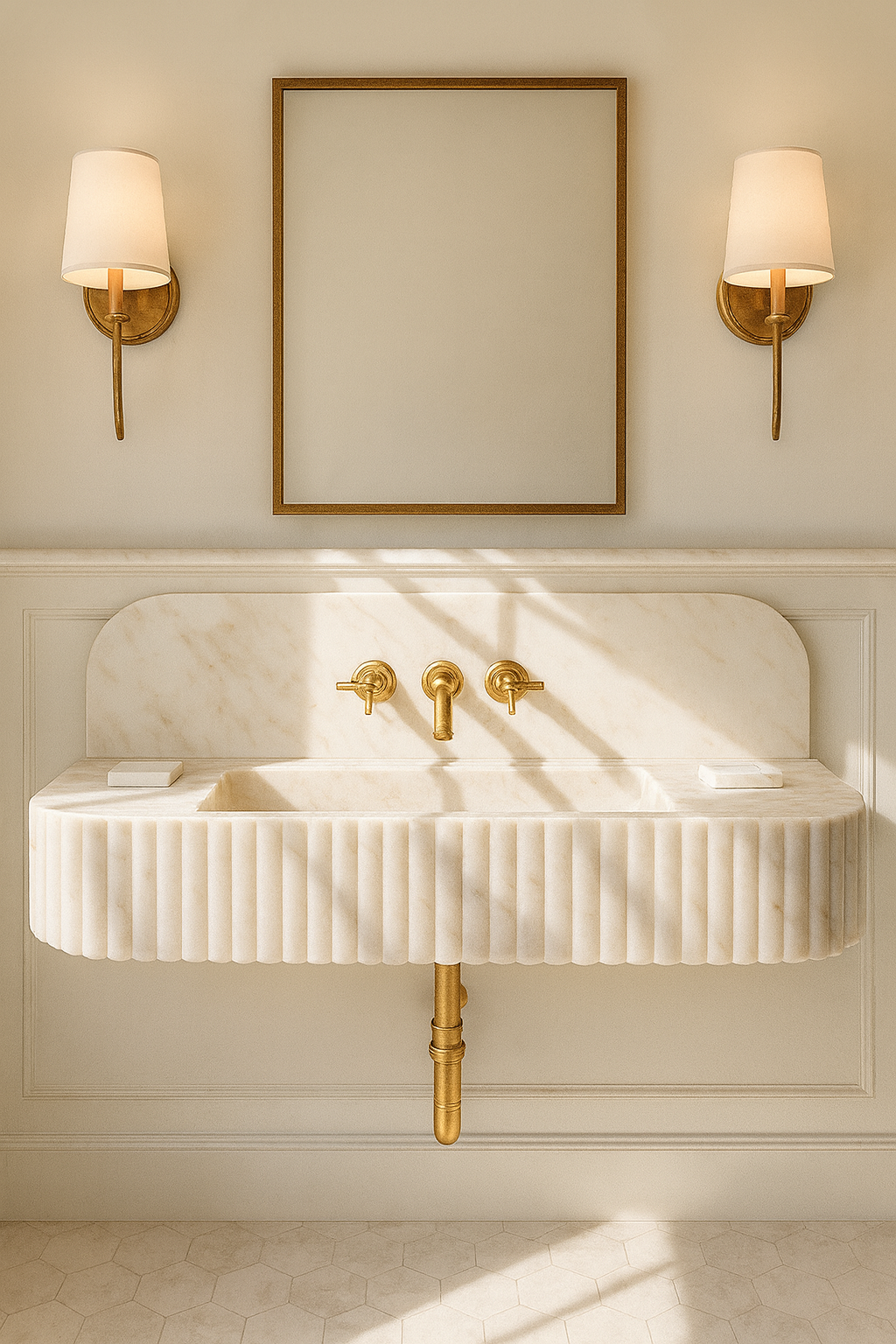 Calacatta Gold Marble Wall-Mounted Sink with Backsplash – Fluted Design