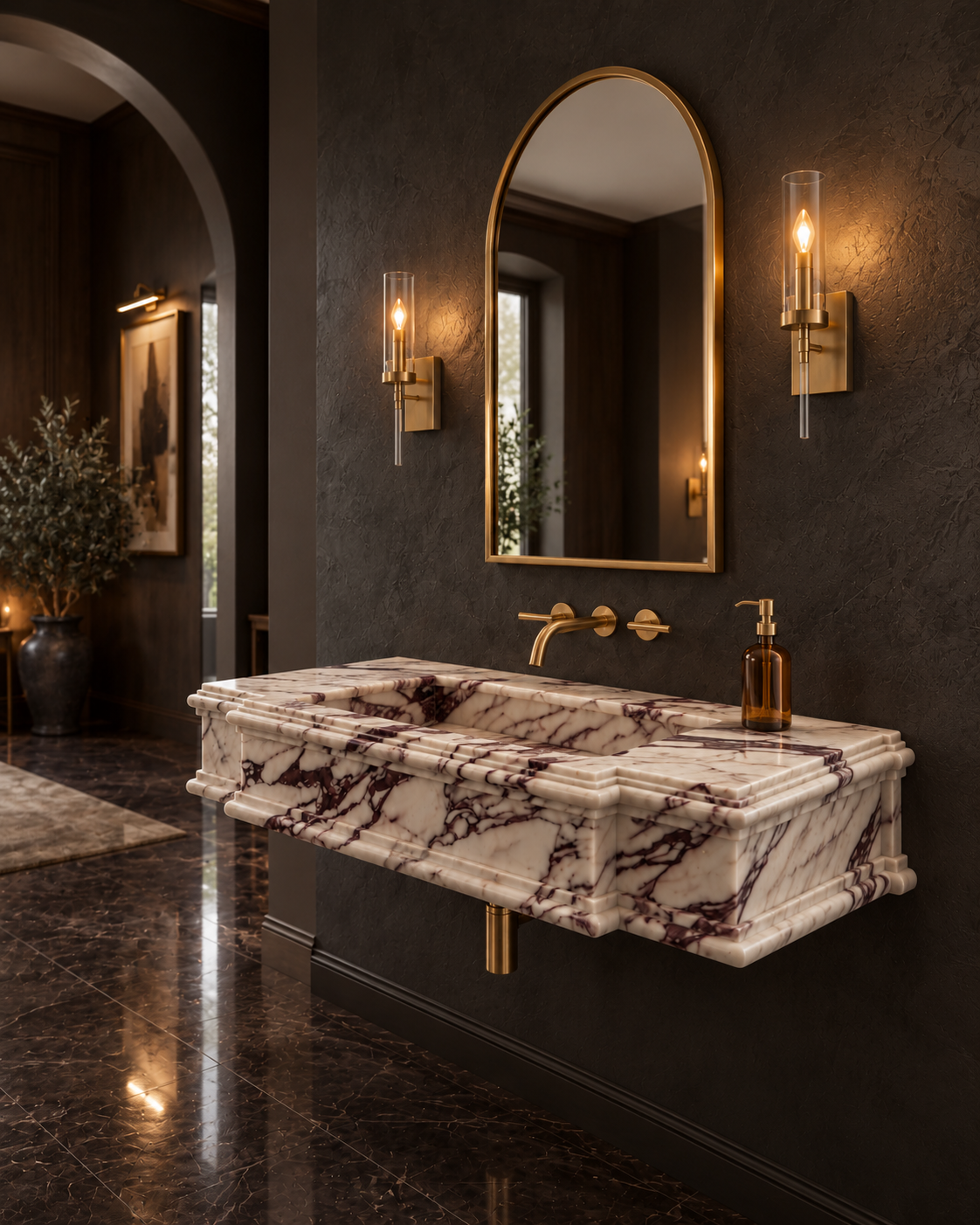 Calacatta Viola Marble Wall Mounted Sink – Handcrafted Architectural Stone Basin