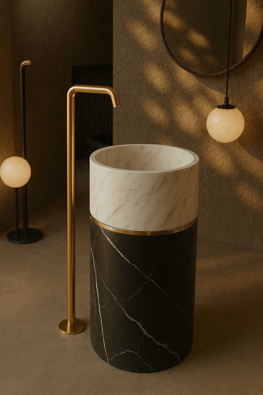 Timeless Elegance: 90 cm Freestanding Funnel Carrara White Marble Sink & Nero Black Marble