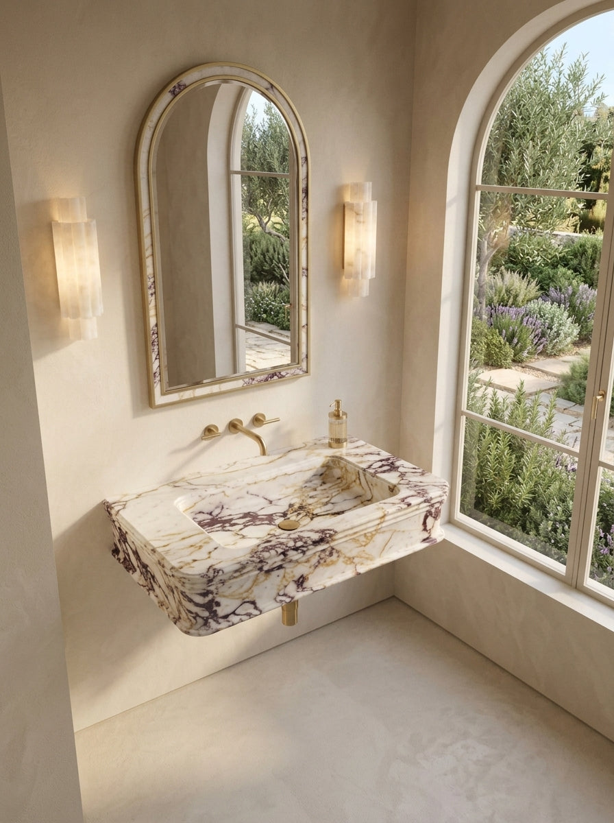 Calacatta Viola Marble Wall Mounted Sink – 30" x 16" x 8" – Handcrafted Luxury Floating Stone Washbasin