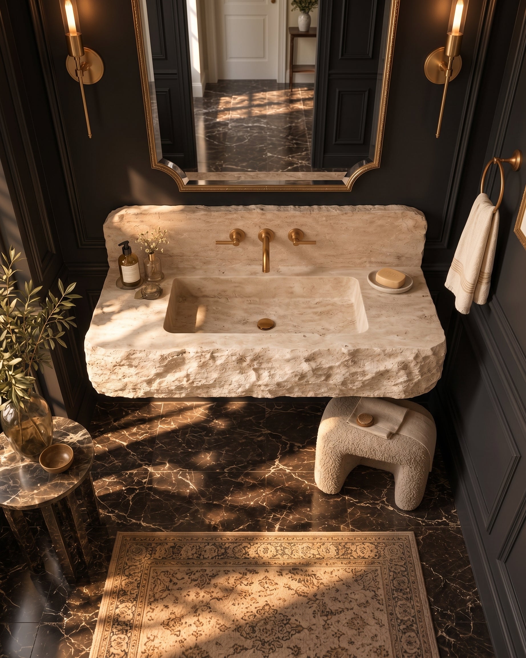Hand-Carved Travertine Wall Mounted Sink – Rustic Chiseled Stone Basin with Integrated Backsplash