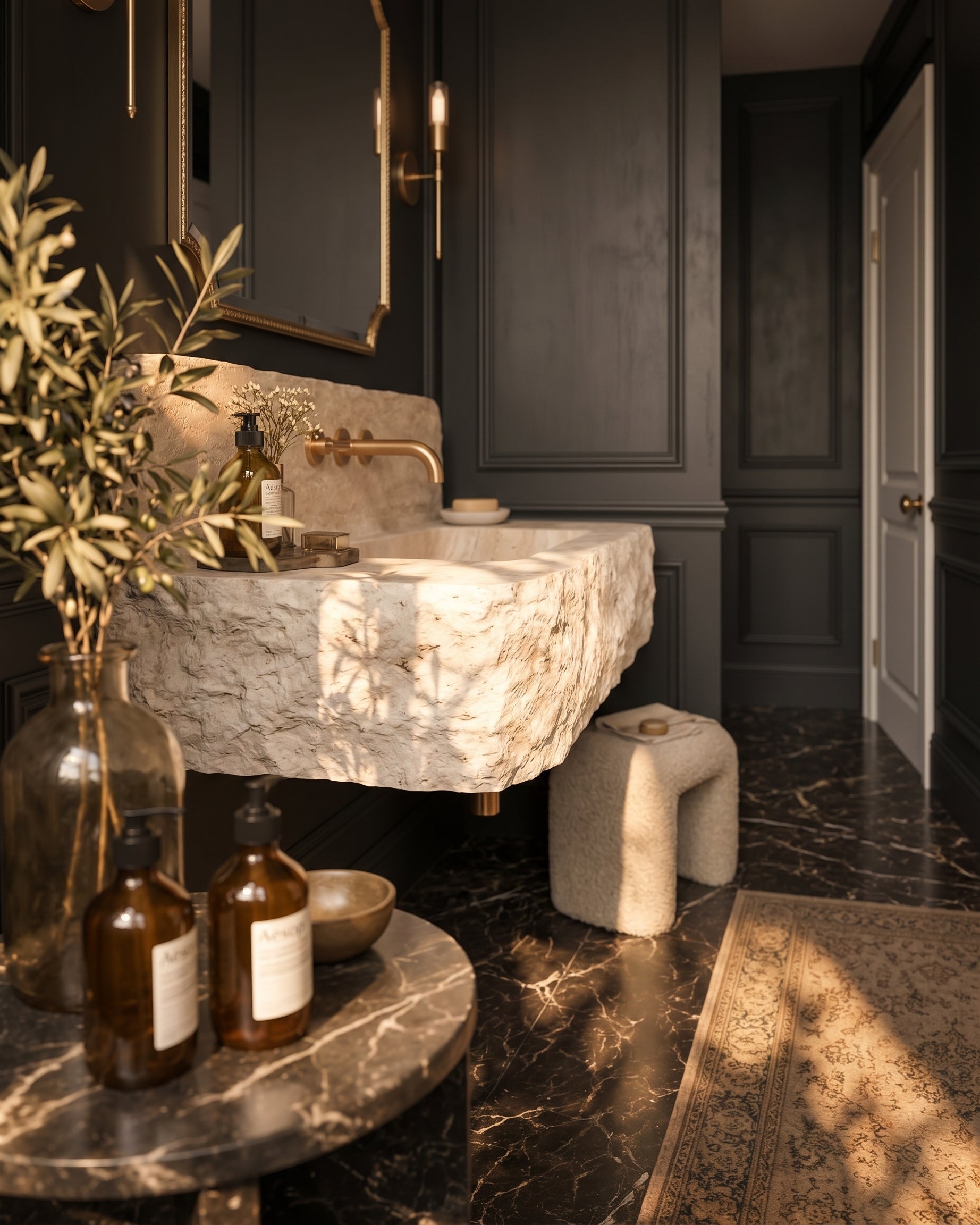 Hand-Carved Travertine Wall Mounted Sink – Rustic Chiseled Stone Basin with Integrated Backsplash