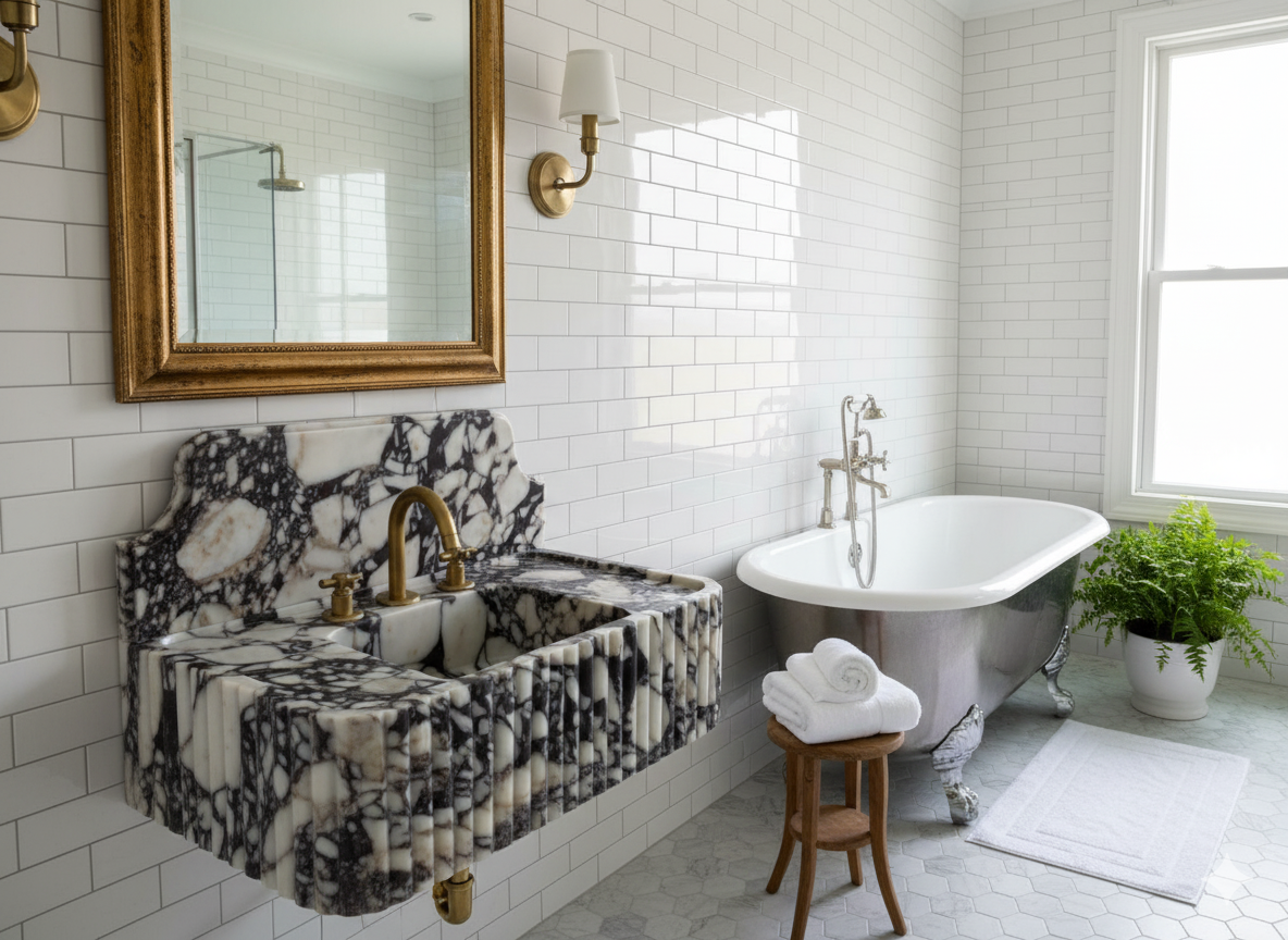 Calacatta Viola Marble Wall-Mounted Sink with Backsplash – Fluted Design