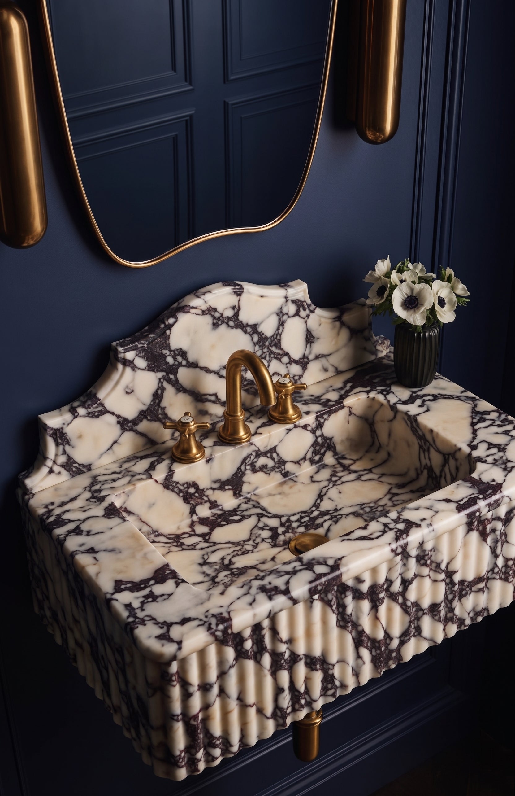 Calacatta Viola Marble Fluted Sink with Ornate Backsplash, Deck-Mounted Marble wash basin - Wall Mounted wash basin
