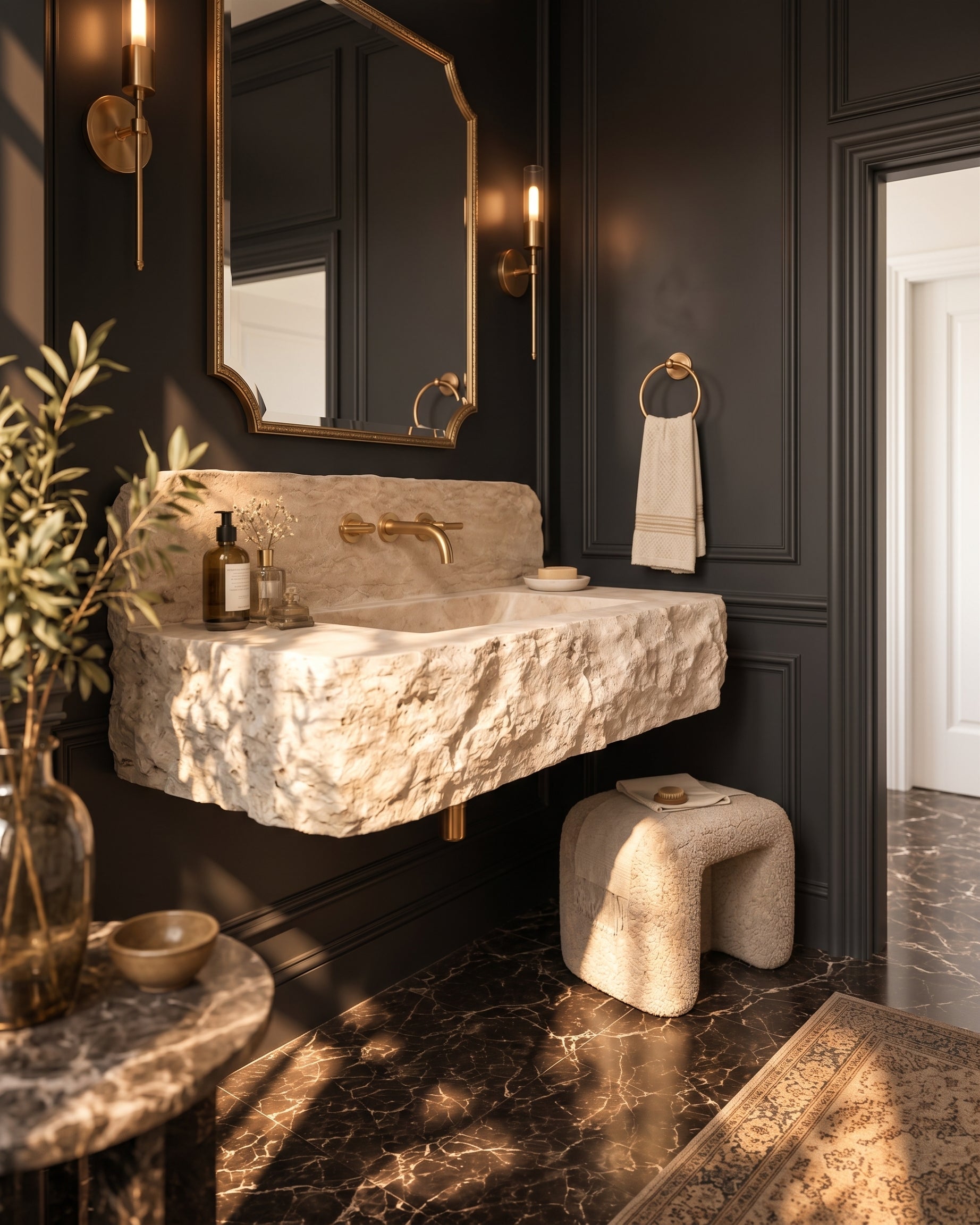Hand-Carved Travertine Wall Mounted Sink – Rustic Chiseled Stone Basin with Integrated Backsplash