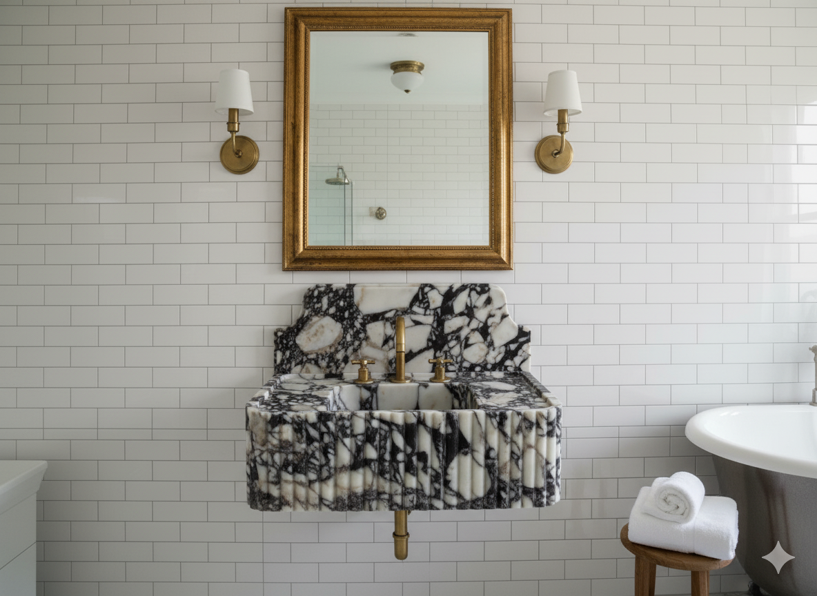 Calacatta Viola Marble Wall-Mounted Sink with Backsplash – Fluted Design