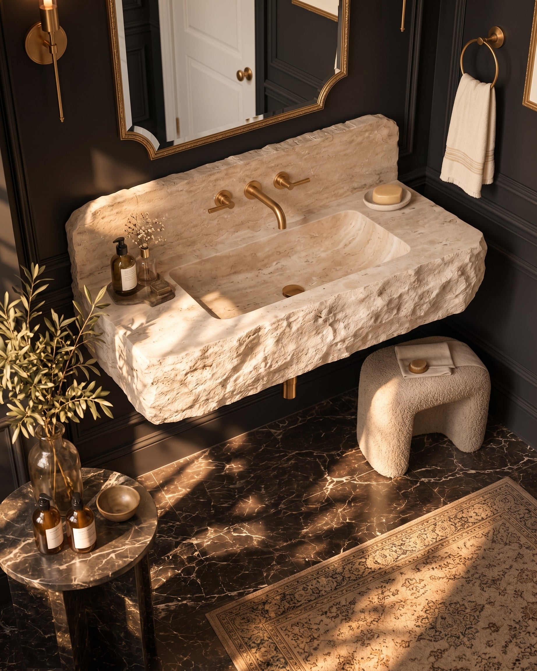 Hand-Carved Travertine Wall Mounted Sink – Rustic Chiseled Stone Basin with Integrated Backsplash