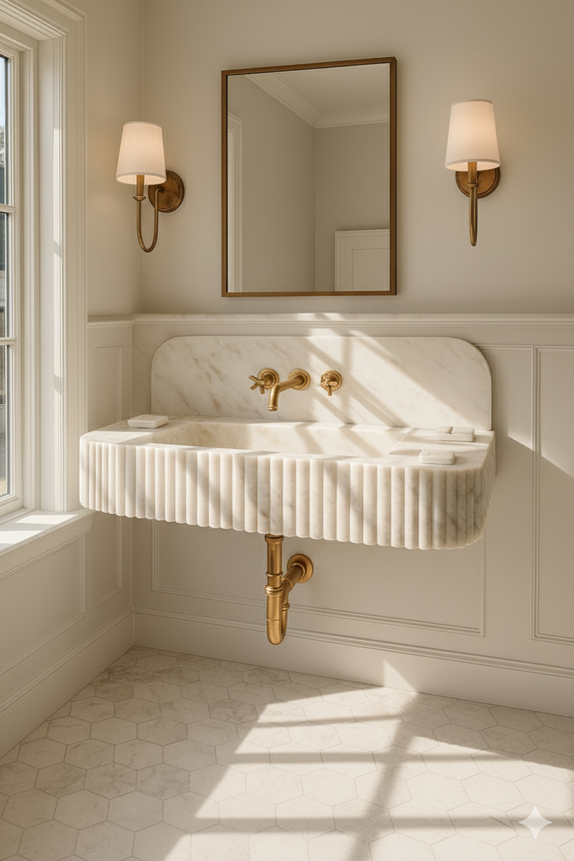 Calacatta Gold Marble Wall-Mounted Sink with Backsplash – Fluted Design