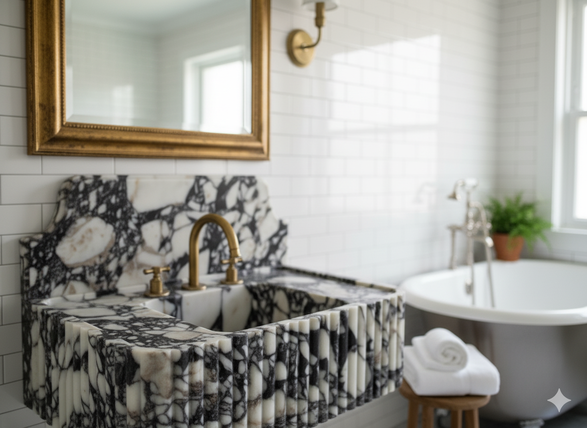 Calacatta Viola Marble Wall-Mounted Sink with Backsplash – Fluted Design