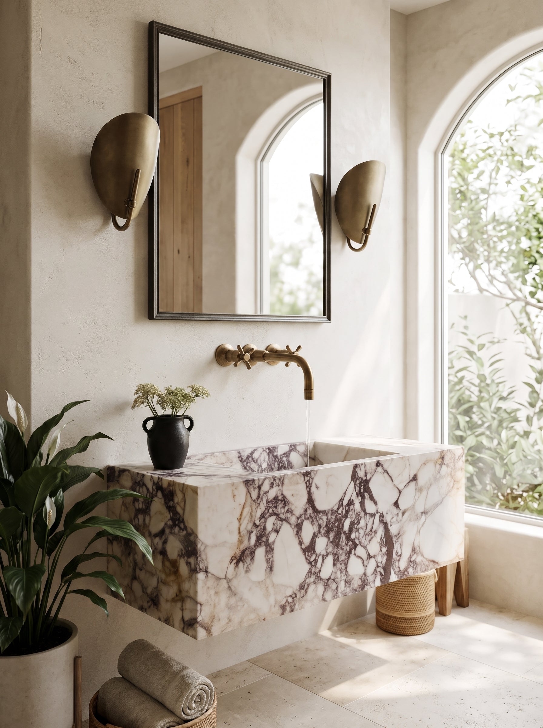 Calacatta Viola Marble Floating Block Sink, Minimalist Rectangular Marble wash basin, Wall Mounted wash basin