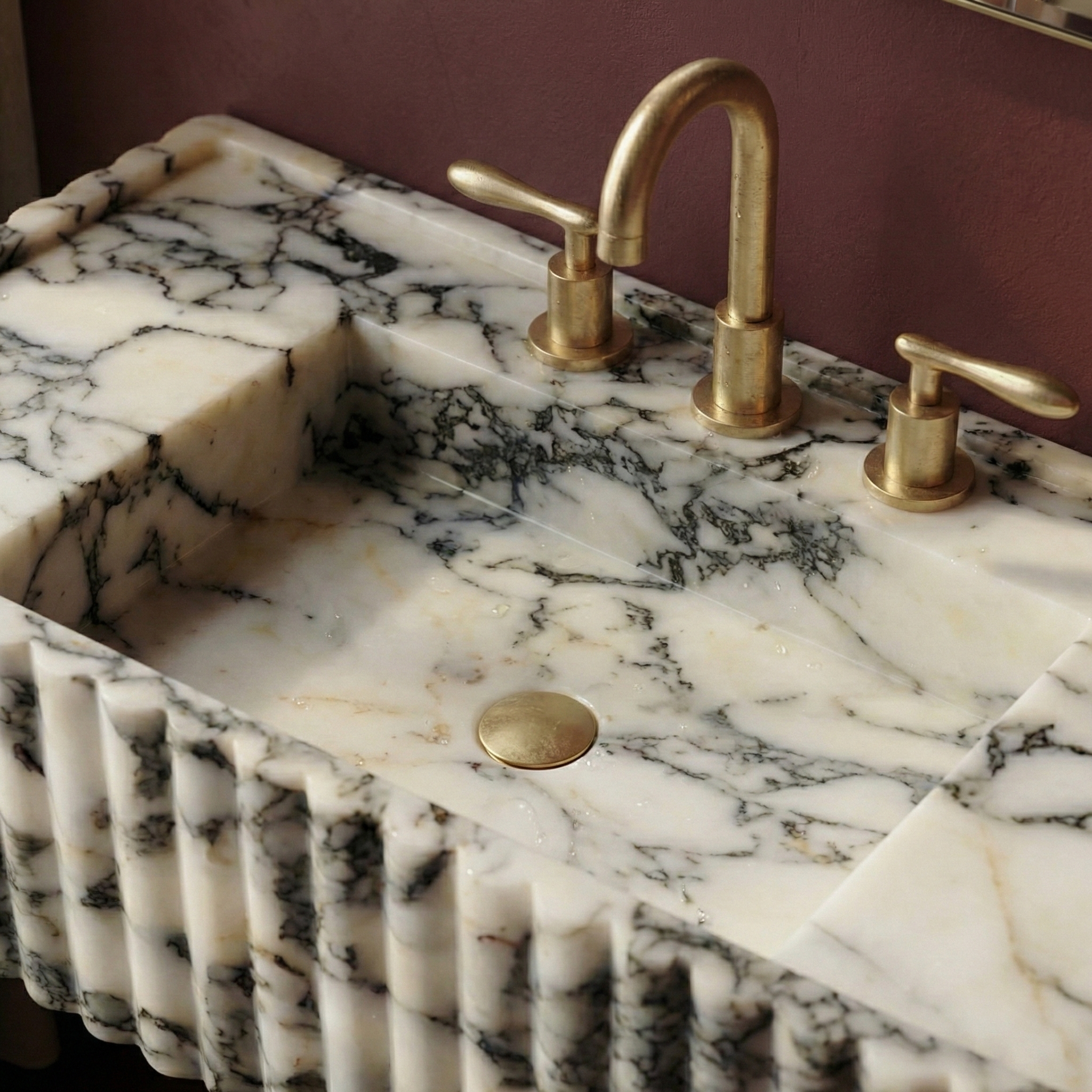Calacatta Viola Ribbed Marble Vanity Sink with Integrated Countertop