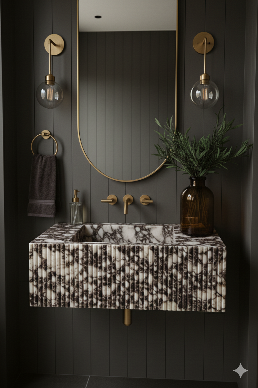 Calacatta Viola Marble Wall-Mounted Sink – Fluted Design