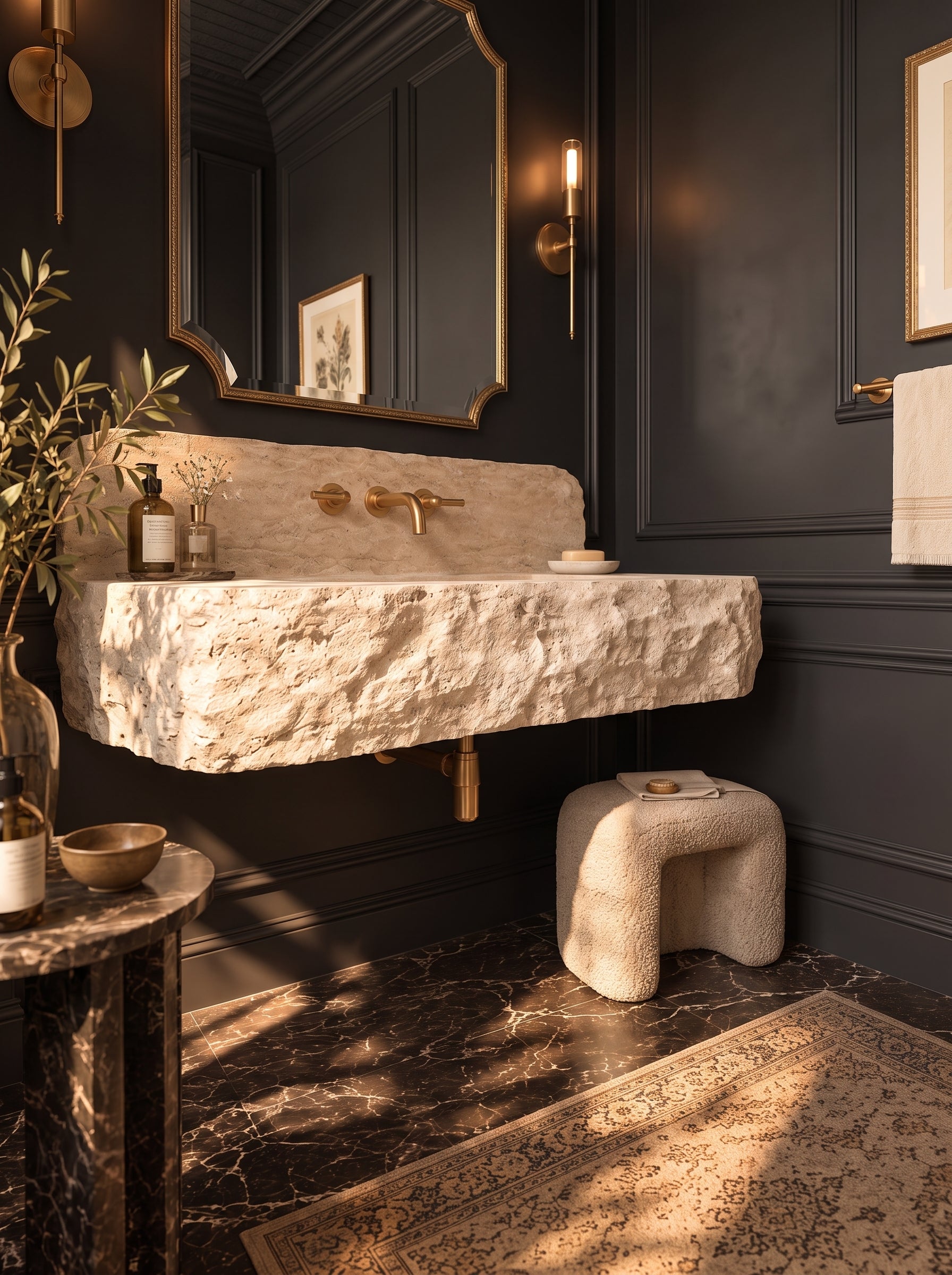 Hand-Carved Travertine Wall Mounted Sink – Rustic Chiseled Stone Basin with Integrated Backsplash