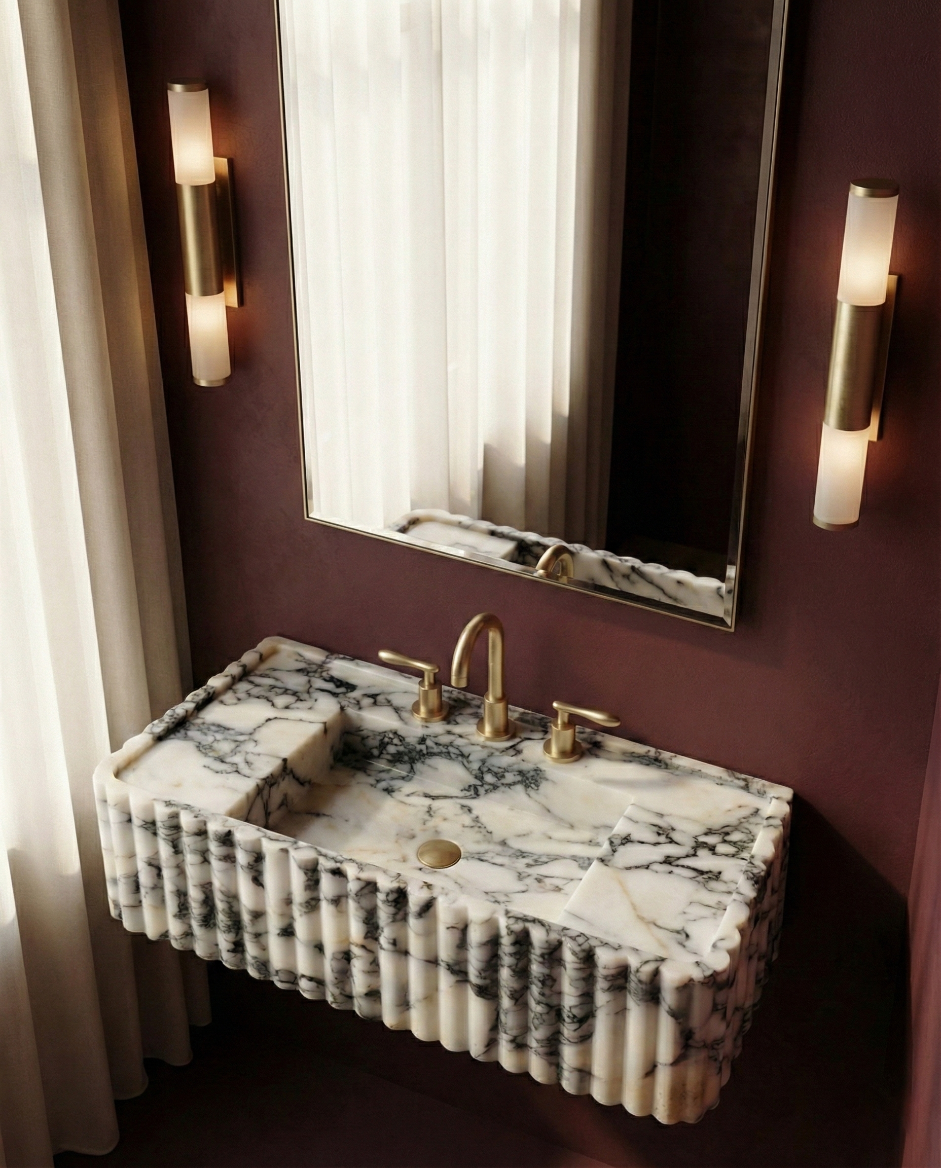Calacatta Viola Ribbed Marble Vanity Sink with Integrated Countertop