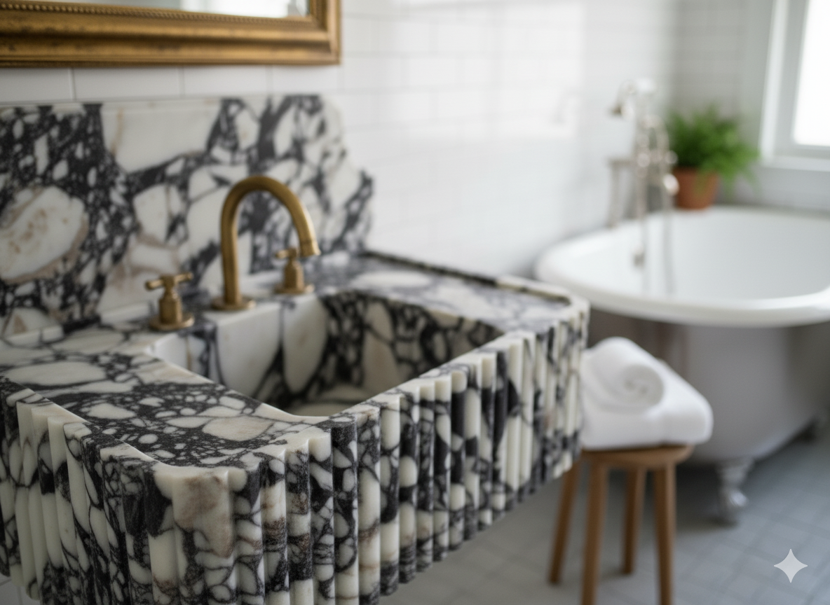 Calacatta Viola Marble Wall-Mounted Sink with Backsplash – Fluted Design