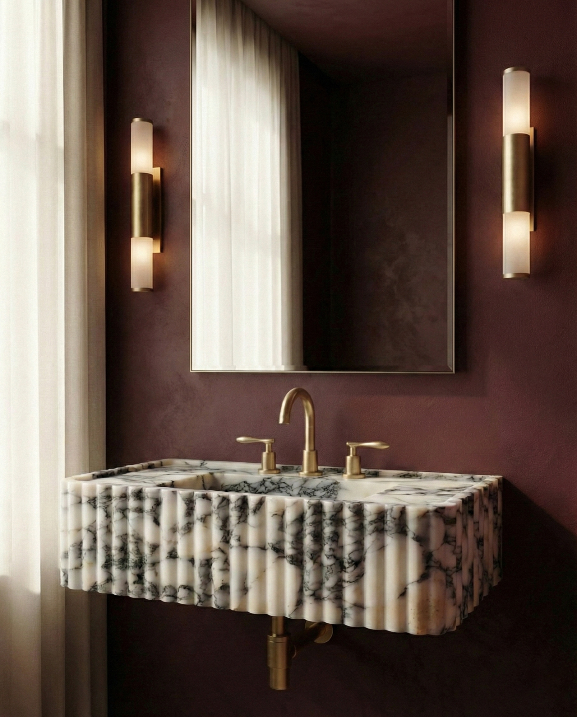 Calacatta Viola Ribbed Marble Vanity Sink with Integrated Countertop