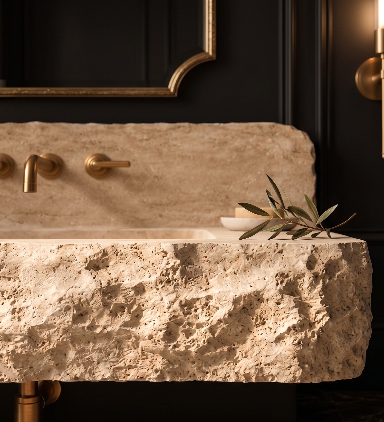 Hand-Carved Travertine Wall Mounted Sink – Rustic Chiseled Stone Basin with Integrated Backsplash