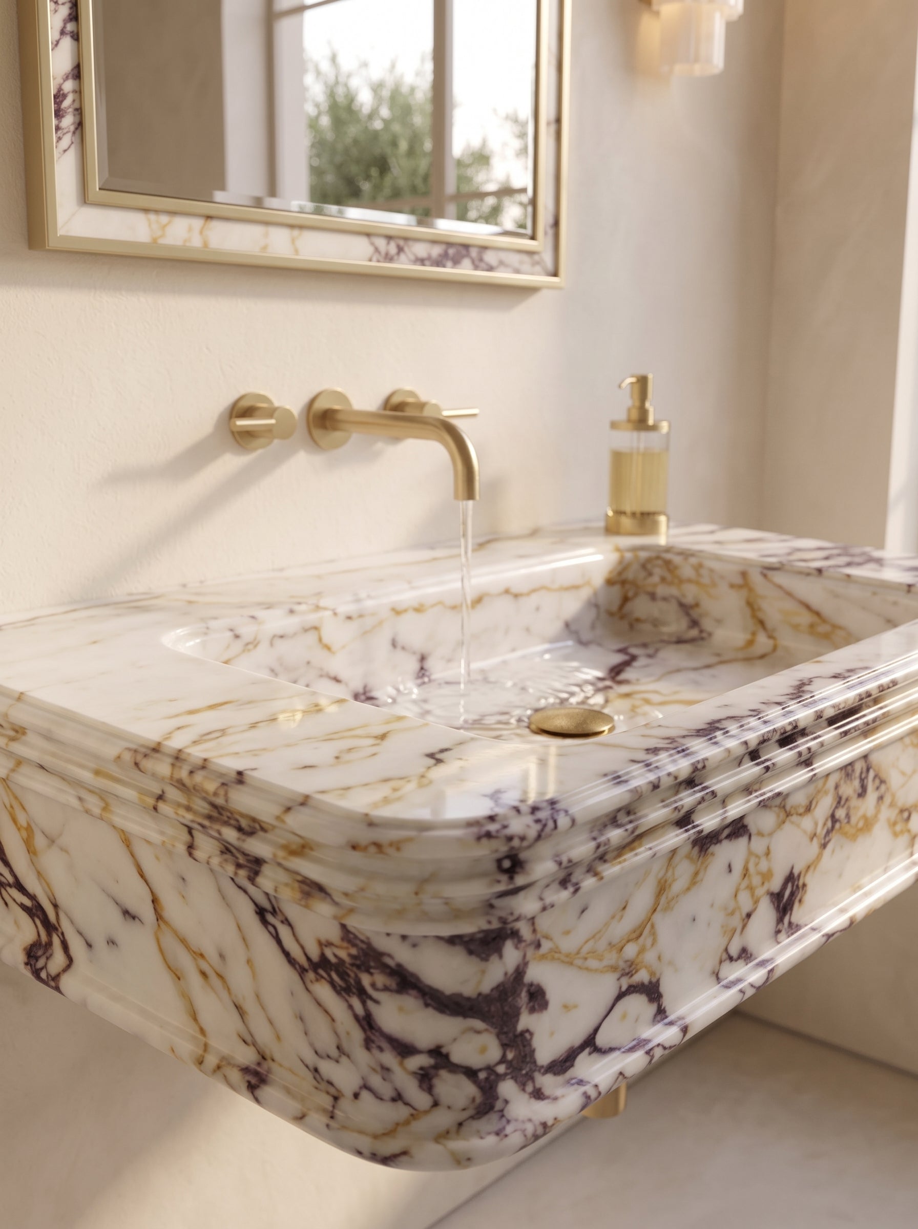 Calacatta Viola Marble Wall Mounted Sink – 30" x 16" x 8" – Handcrafted Luxury Floating Stone Washbasin