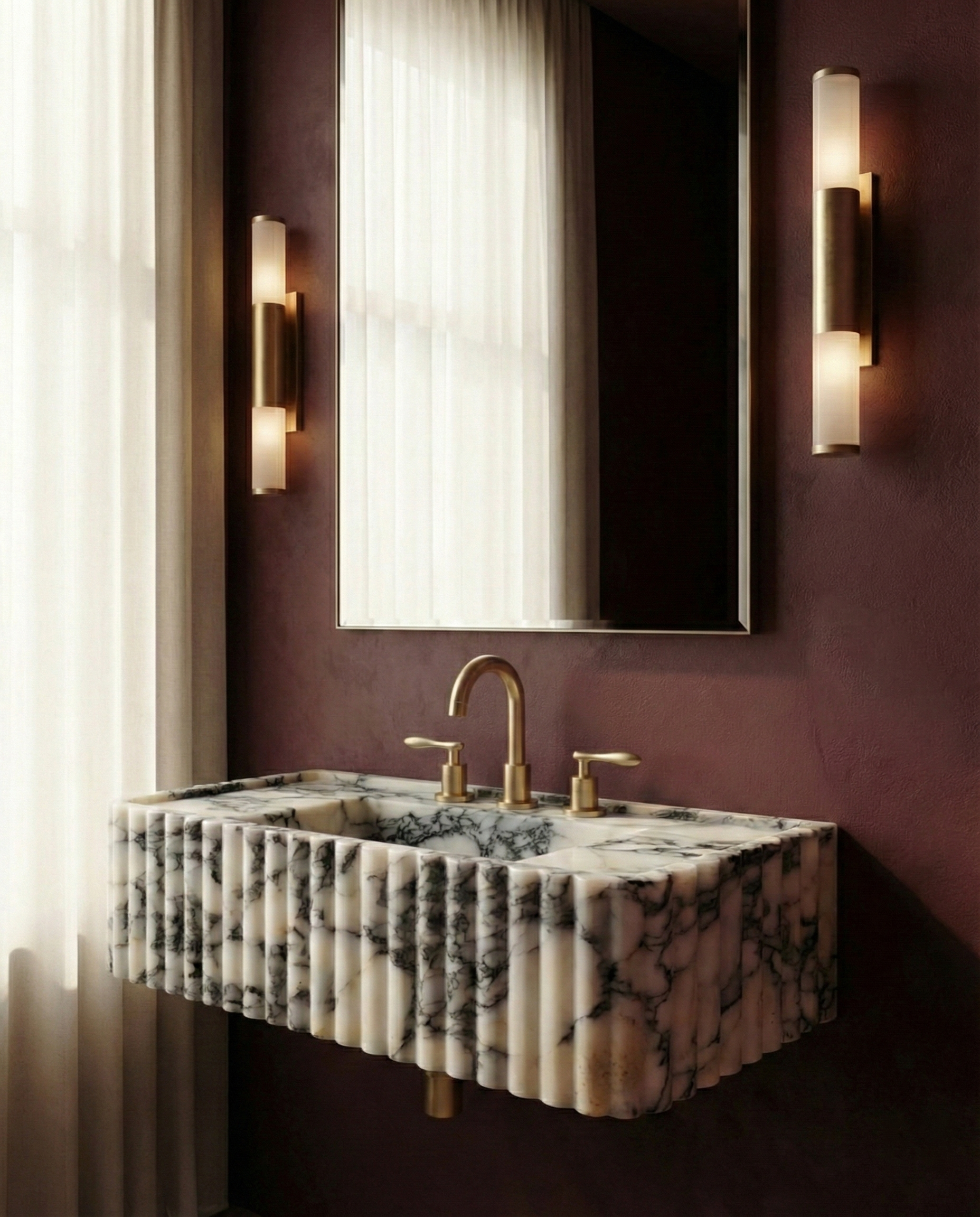 Calacatta Viola Ribbed Marble Vanity Sink with Integrated Countertop