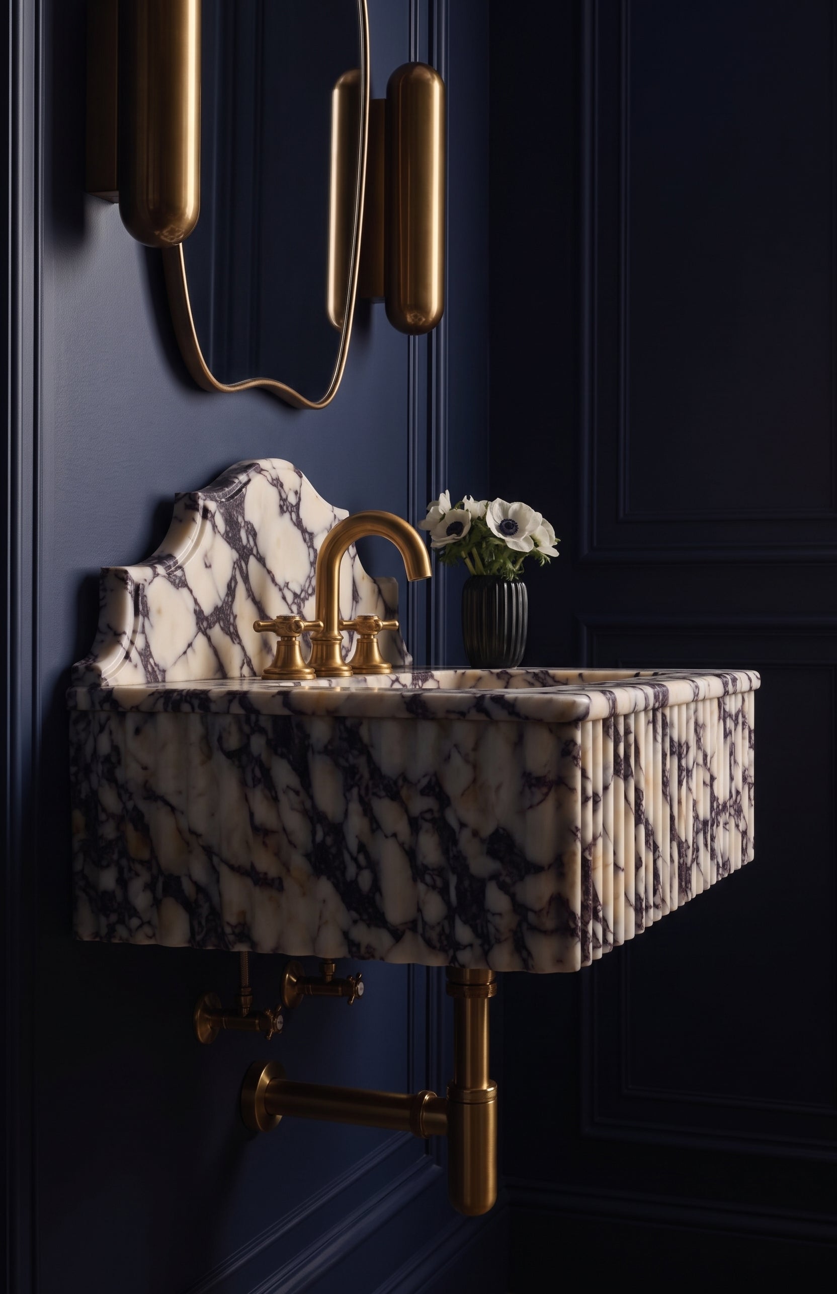 Calacatta Viola Marble Fluted Sink with Ornate Backsplash, Deck-Mounted Marble wash basin - Wall Mounted wash basin