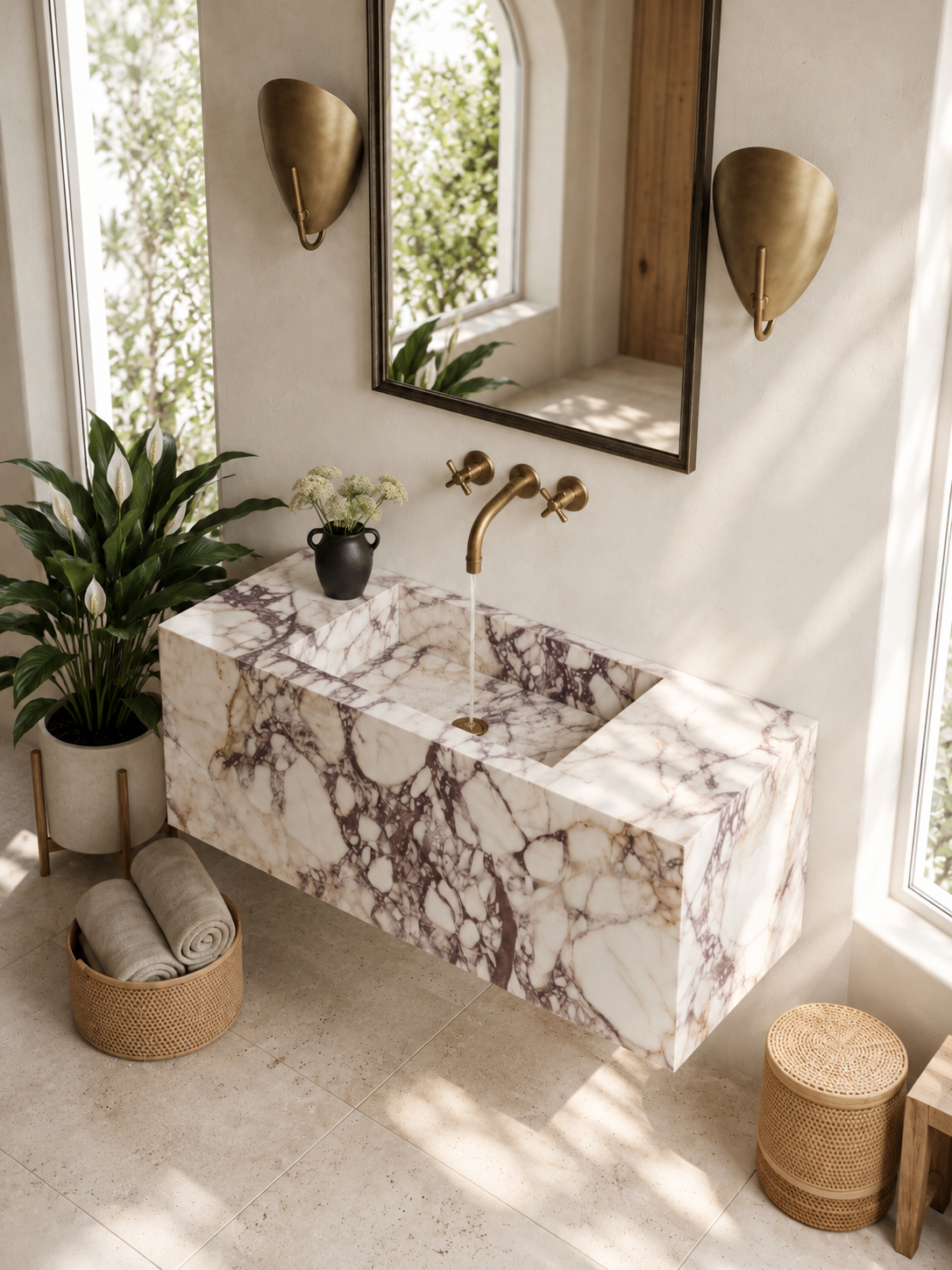 Calacatta Viola Marble Floating Block Sink, Minimalist Rectangular Marble wash basin, Wall Mounted wash basin