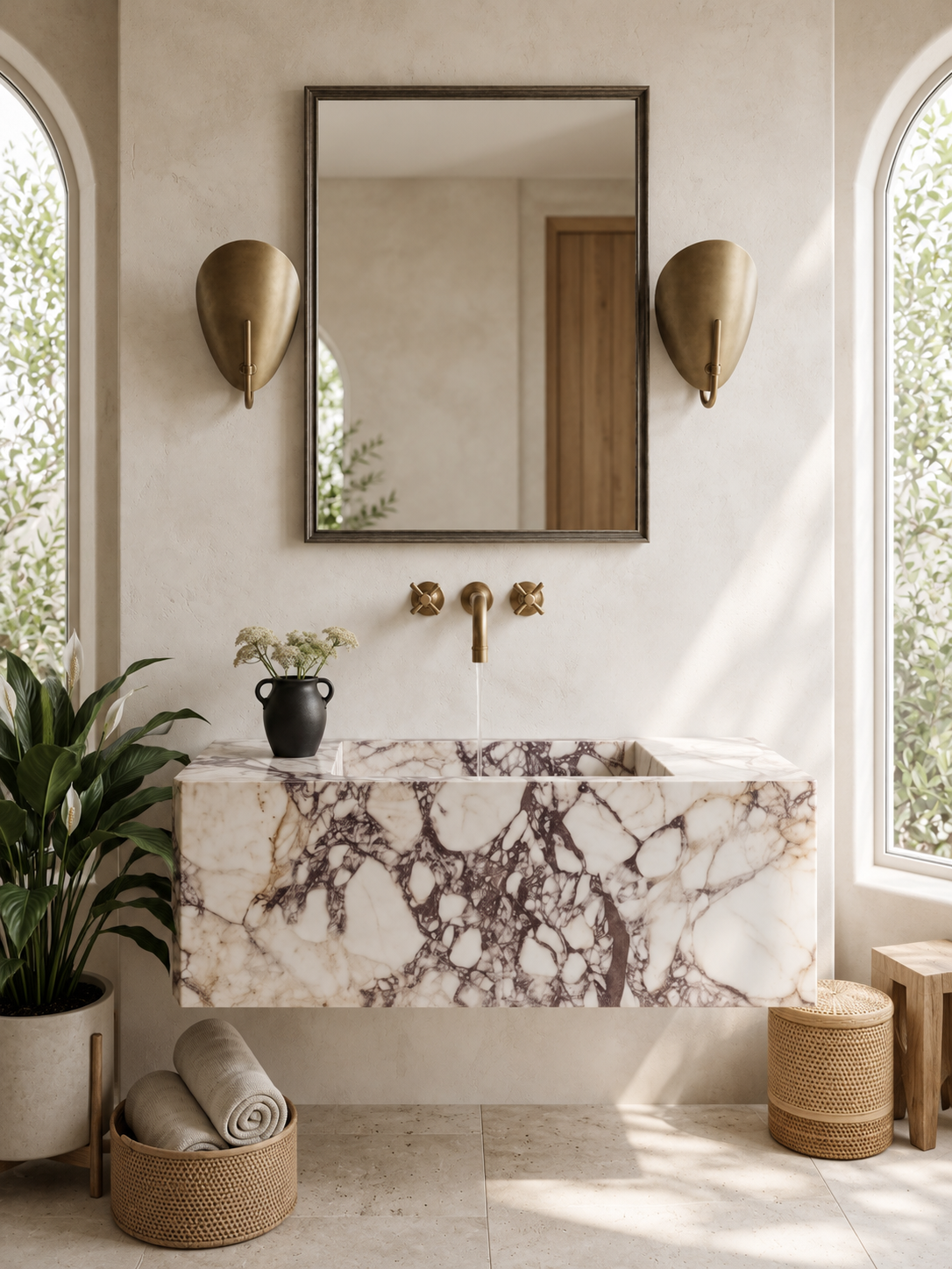 Calacatta Viola Marble Floating Block Sink, Minimalist Rectangular Marble wash basin, Wall Mounted wash basin