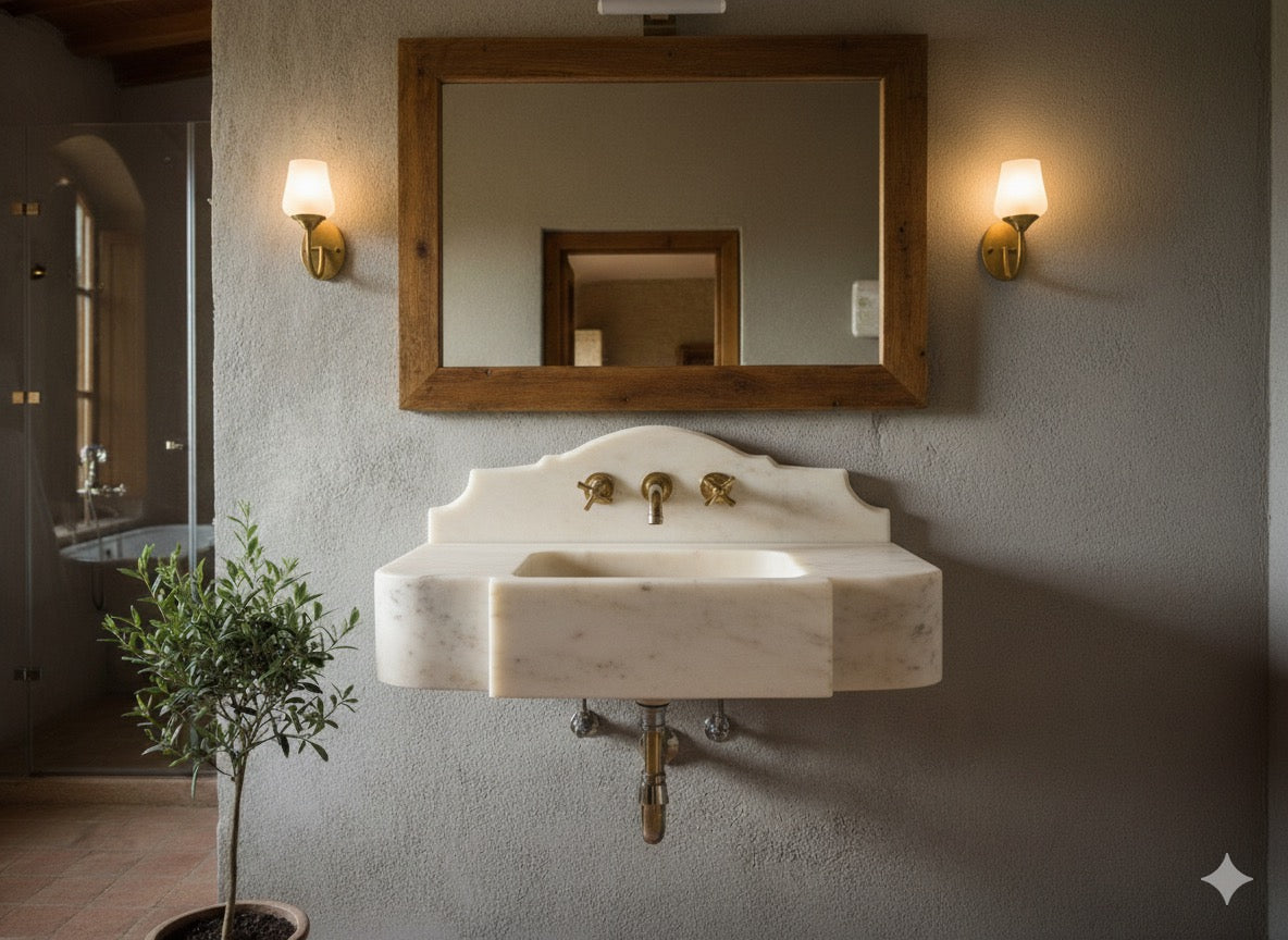 Calacatta Gold Marble Sink with Decorative Backsplash – Handcrafted ,Wall-Mounted