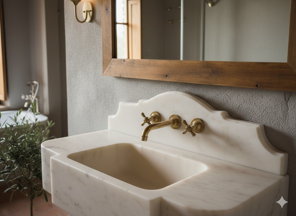 Calacatta Gold Marble Sink with Decorative Backsplash – Handcrafted ,Wall-Mounted