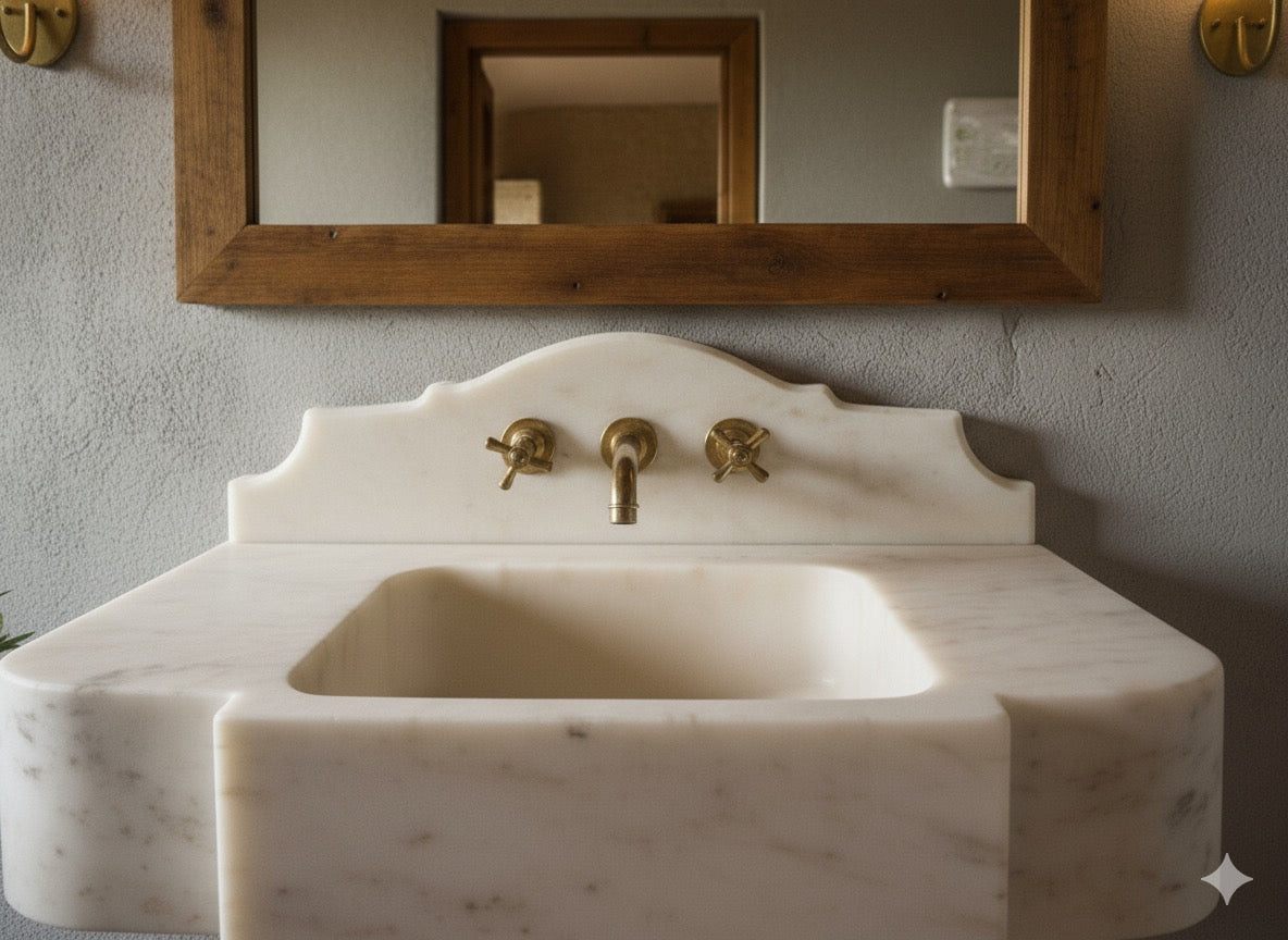 Calacatta Gold Marble Sink with Decorative Backsplash – Handcrafted ,Wall-Mounted