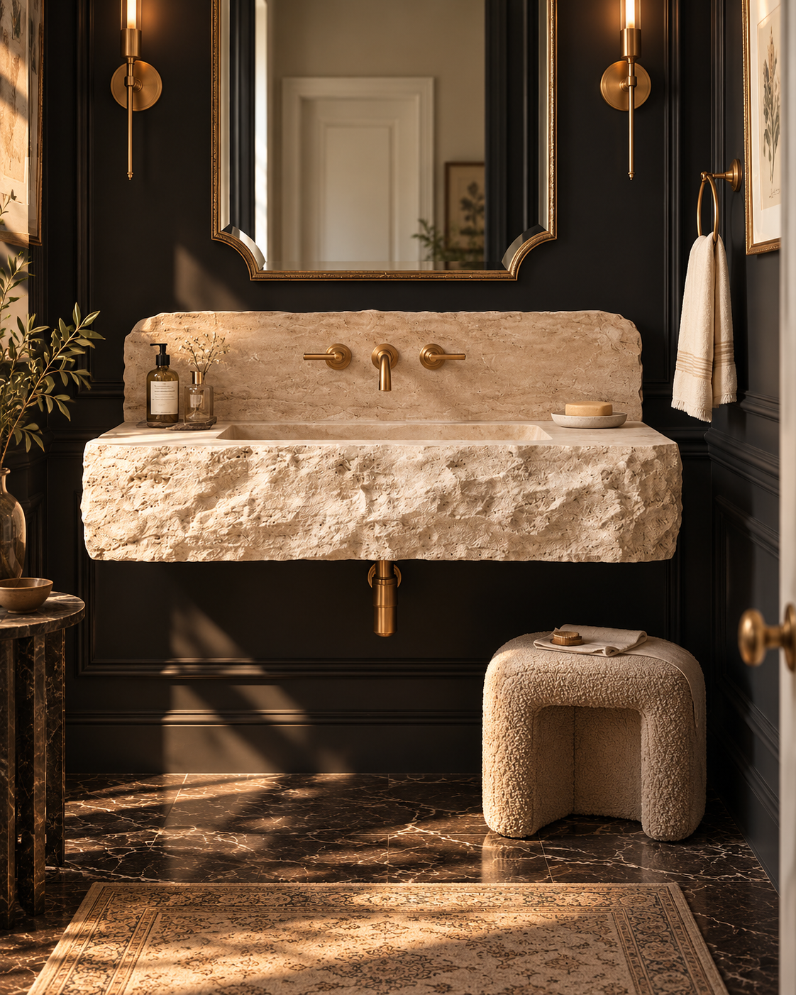 Hand-Carved Travertine Wall Mounted Sink – Rustic Chiseled Stone Basin with Integrated Backsplash
