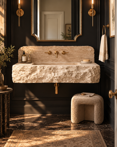 Hand-Carved Travertine Wall Mounted Sink – Rustic Chiseled Stone Basin with Integrated Backsplash