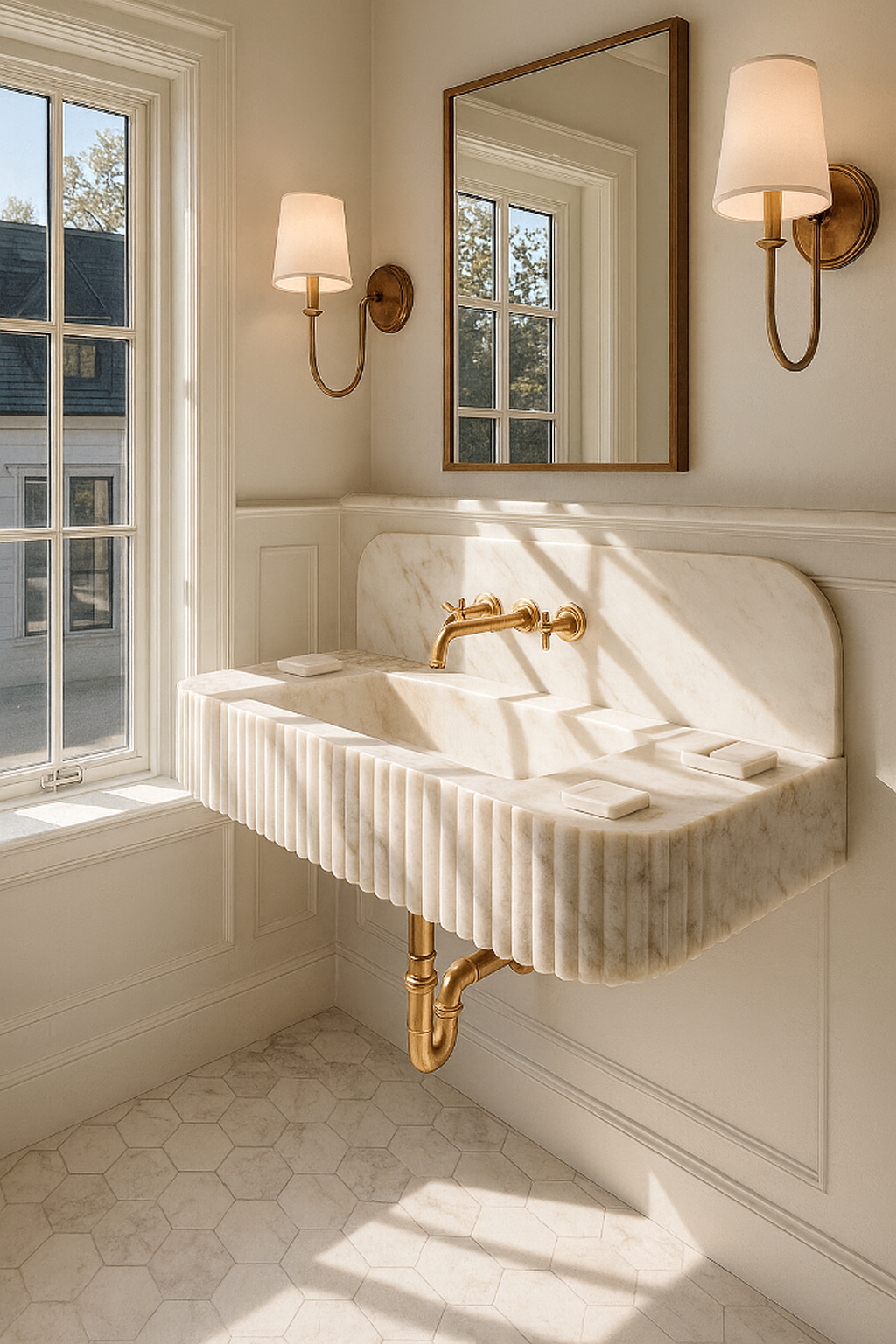 Calacatta Gold Marble Wall-Mounted Sink with Backsplash – Fluted Design