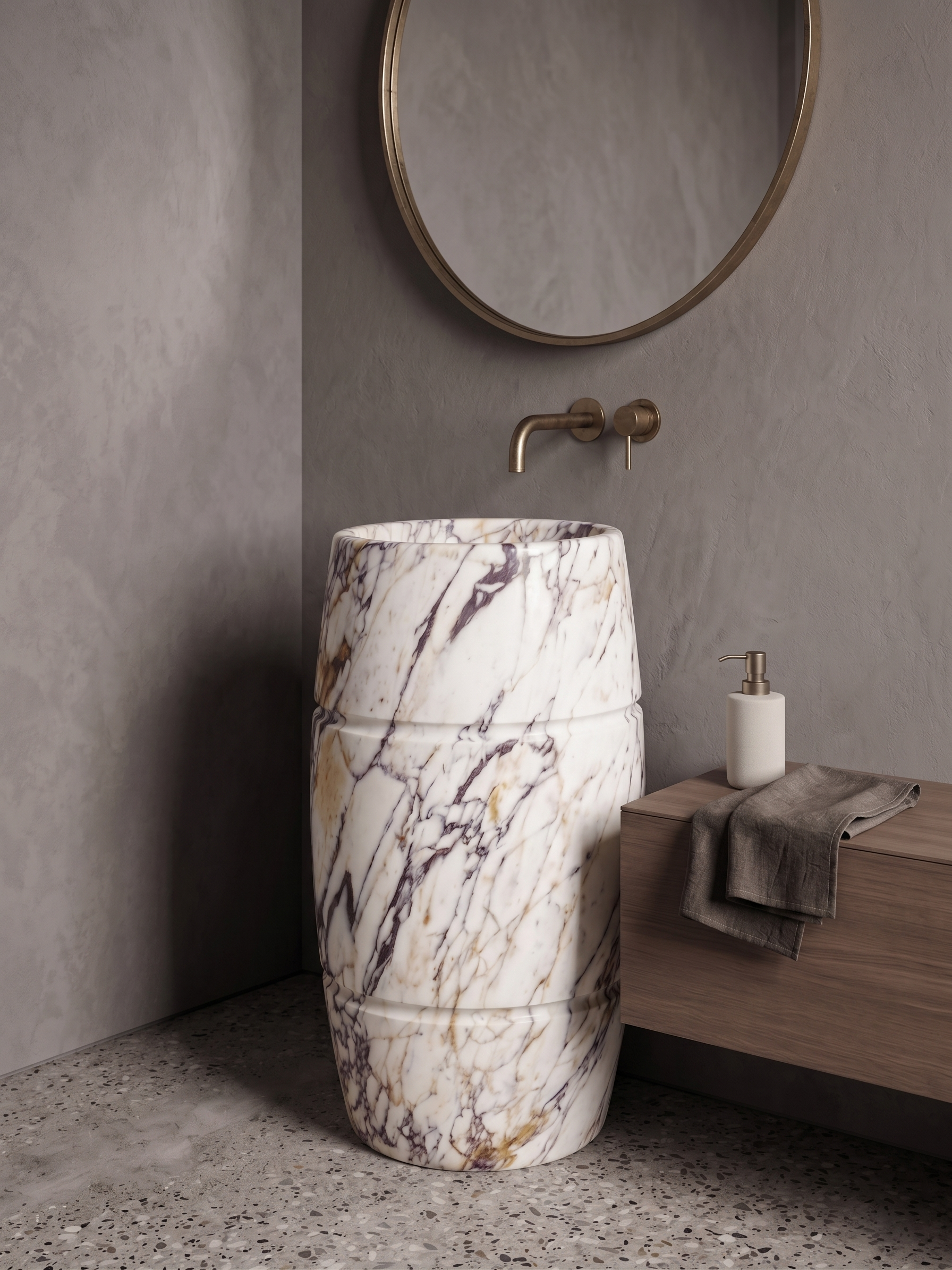 Calacatta Viola Marble Pedestal Sink – 16" Diameter x 36" Height Freestanding Marble Wash Basin