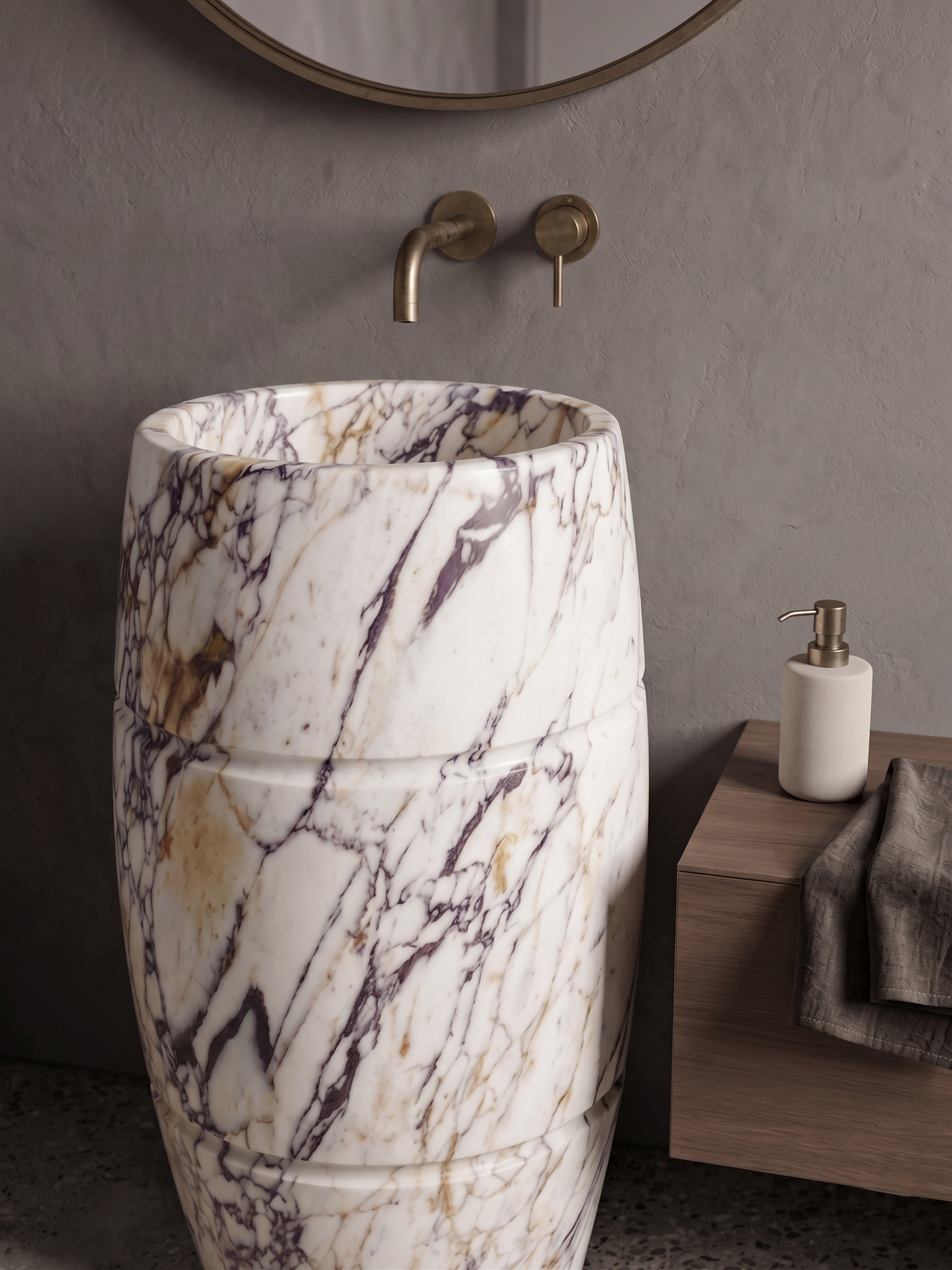 Calacatta Viola Marble Pedestal Sink – 16" Diameter x 36" Height Freestanding Marble Wash Basin