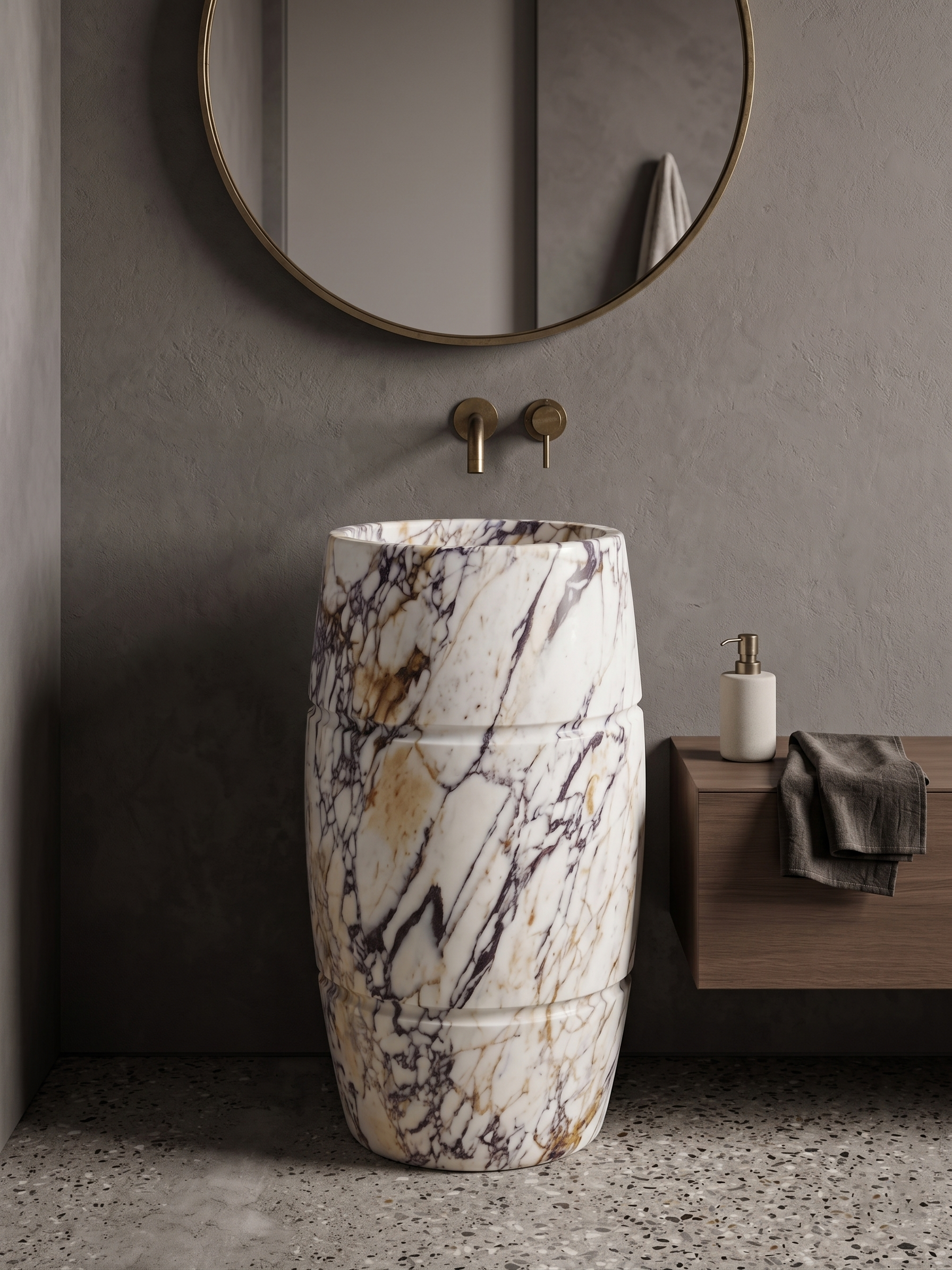 Calacatta Viola Marble Pedestal Sink – 16" Diameter x 36" Height Freestanding Marble Wash Basin