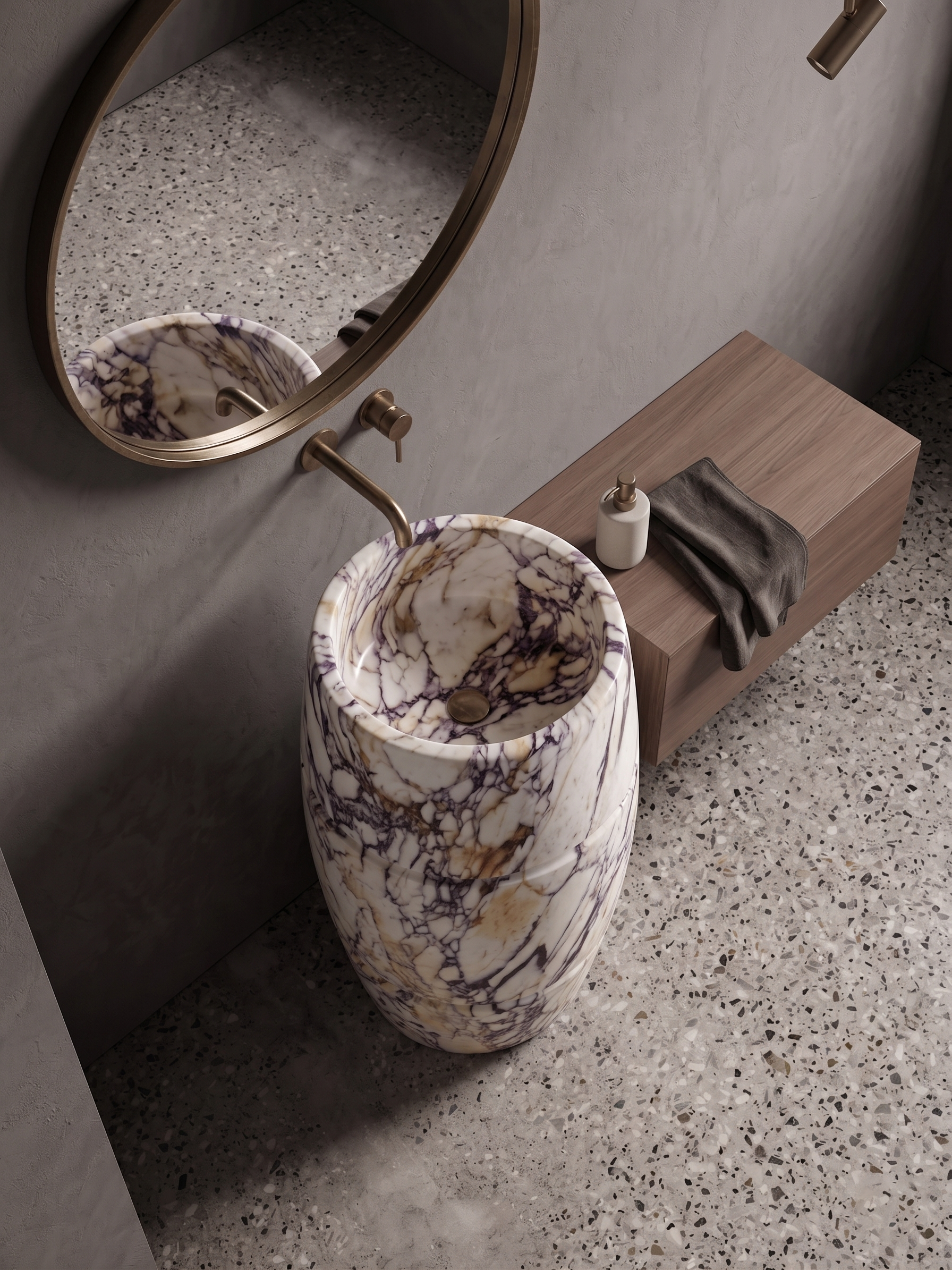 Calacatta Viola Marble Pedestal Sink – 16" Diameter x 36" Height Freestanding Marble Wash Basin