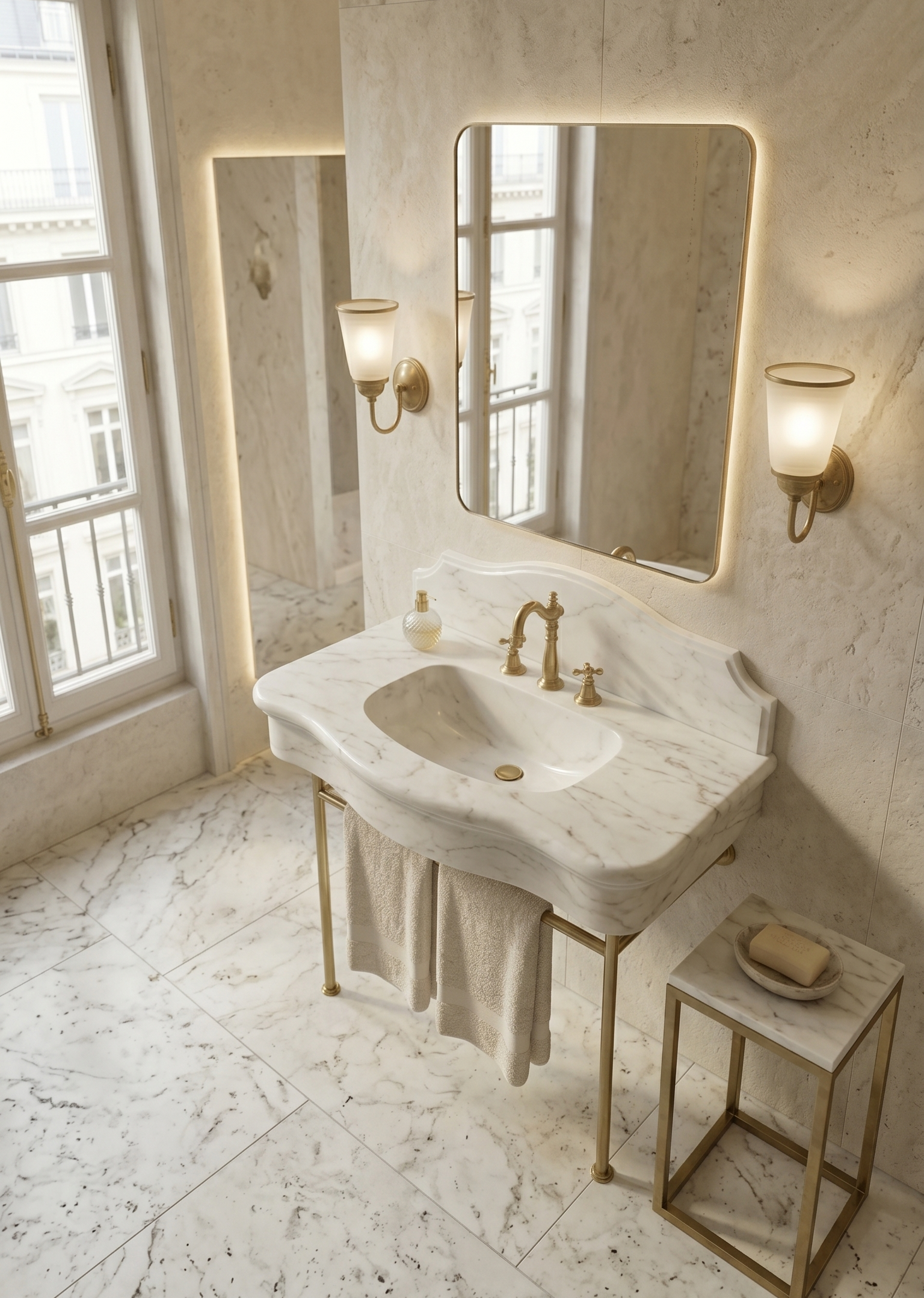 Carrara White Marble Sink with Ornate Backsplash , Wall Mounted Marble Wash Basin