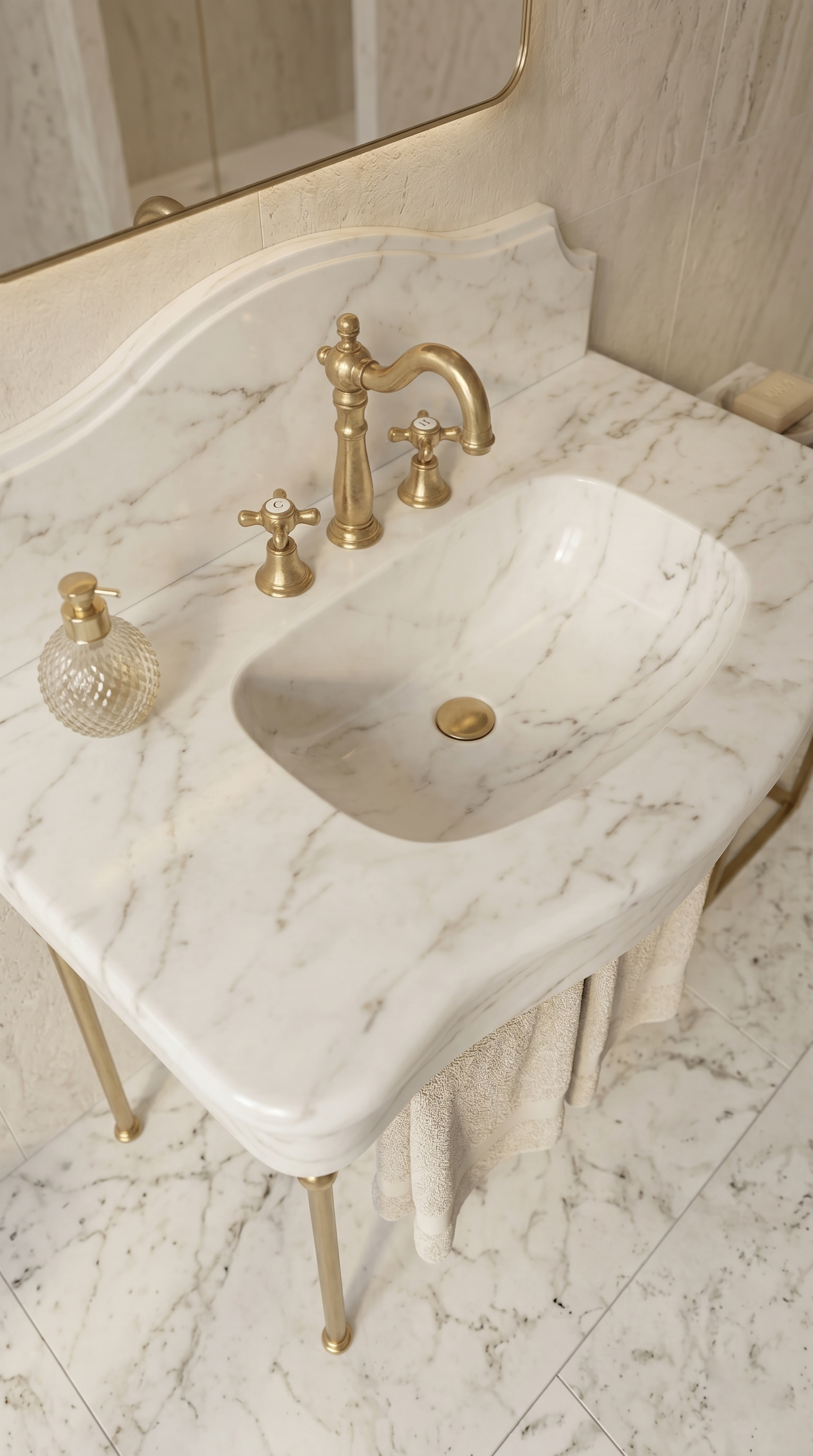 Carrara White Marble Sink with Ornate Backsplash , Wall Mounted Marble Wash Basin