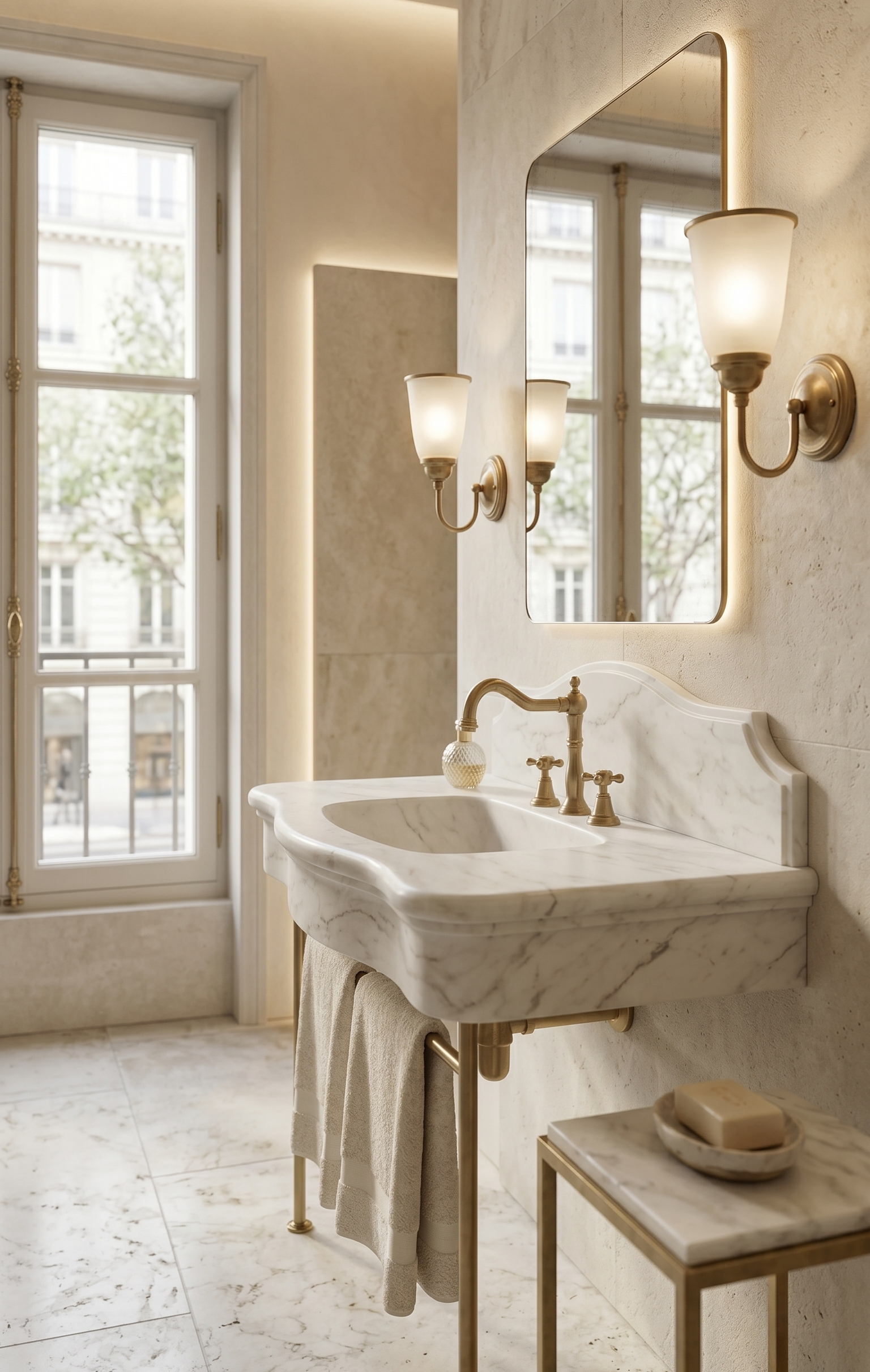 Carrara White Marble Sink with Ornate Backsplash , Wall Mounted Marble Wash Basin