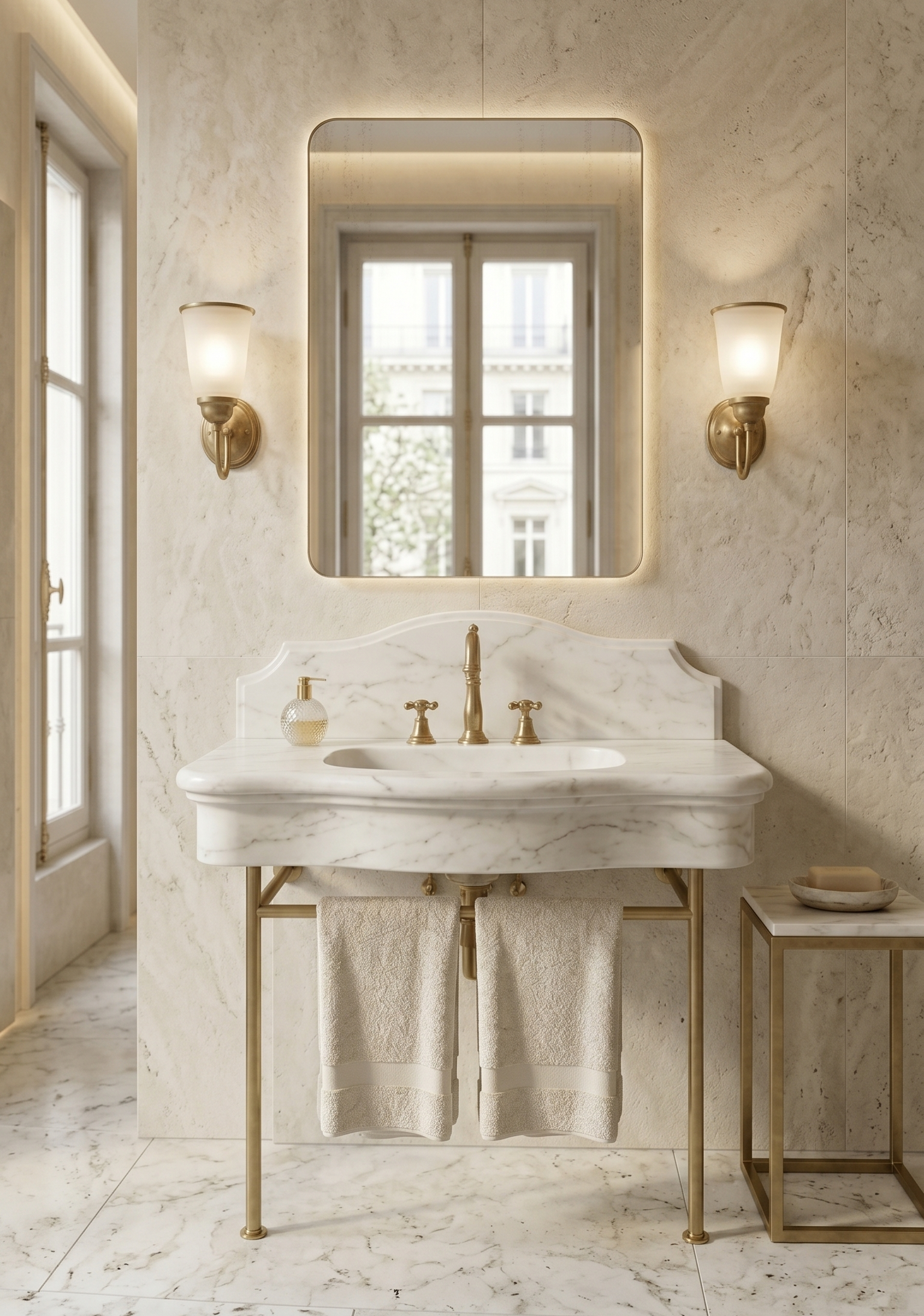 Carrara White Marble Sink with Ornate Backsplash , Wall Mounted Marble Wash Basin