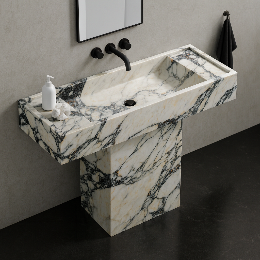 Calacatta Viola Marble Pedestal Sink – Luxury Italian Stone Bathroom Vanity, 47" Wall-Mounted Basin