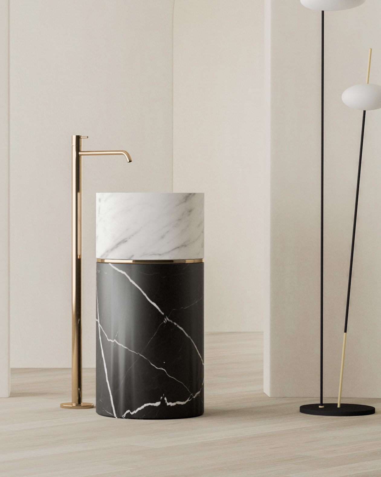 Timeless Elegance: 90 cm Freestanding Funnel Carrara White Marble Sink & Nero Black Marble