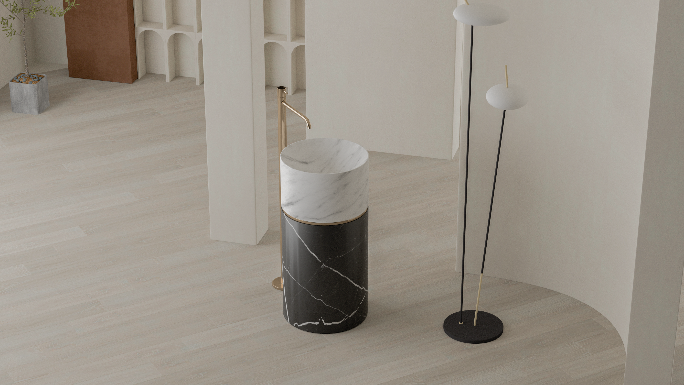 Timeless Elegance: 90 cm Freestanding Funnel Carrara White Marble Sink & Nero Black Marble