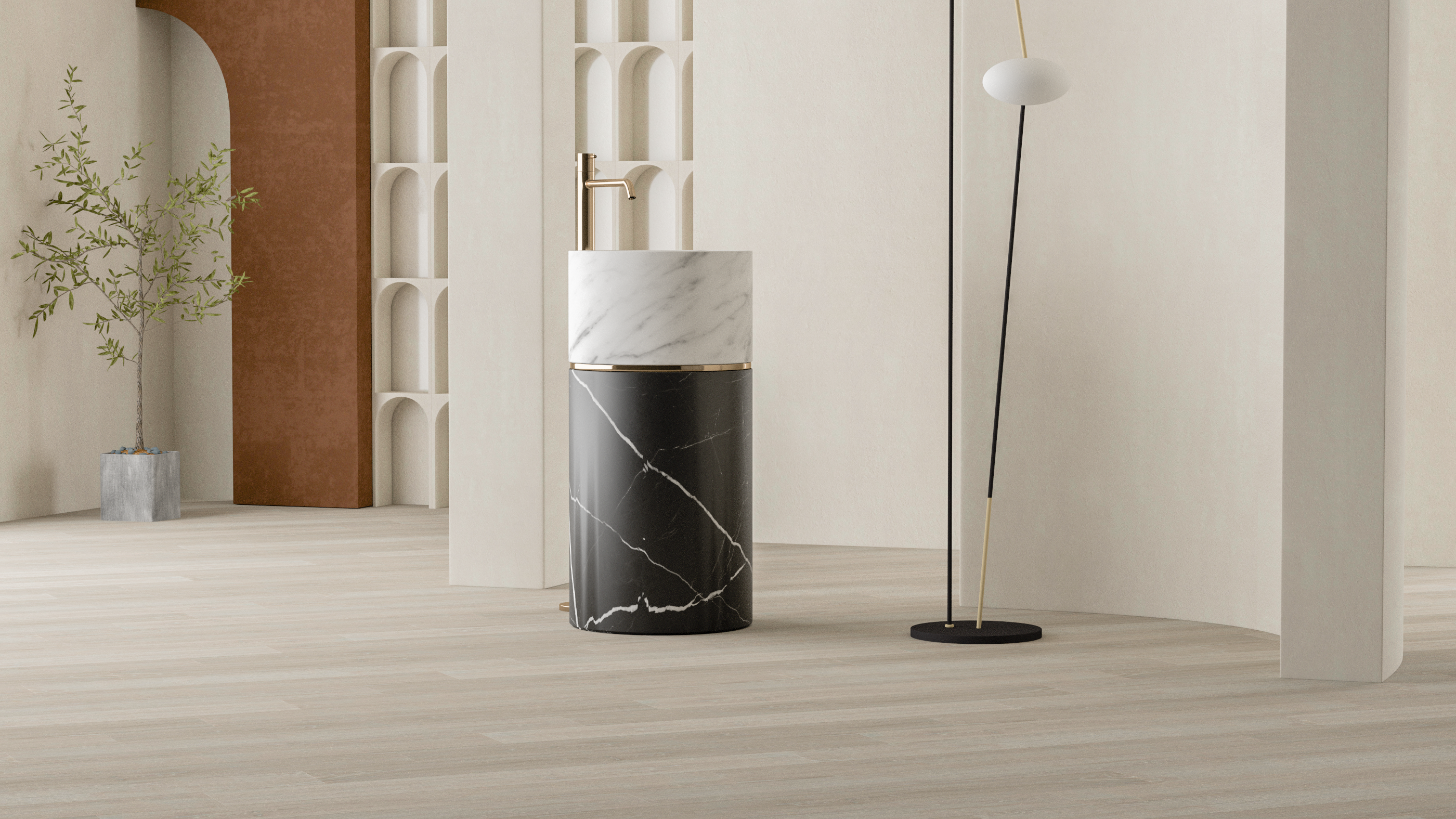 Timeless Elegance: 90 cm Freestanding Funnel Carrara White Marble Sink & Nero Black Marble