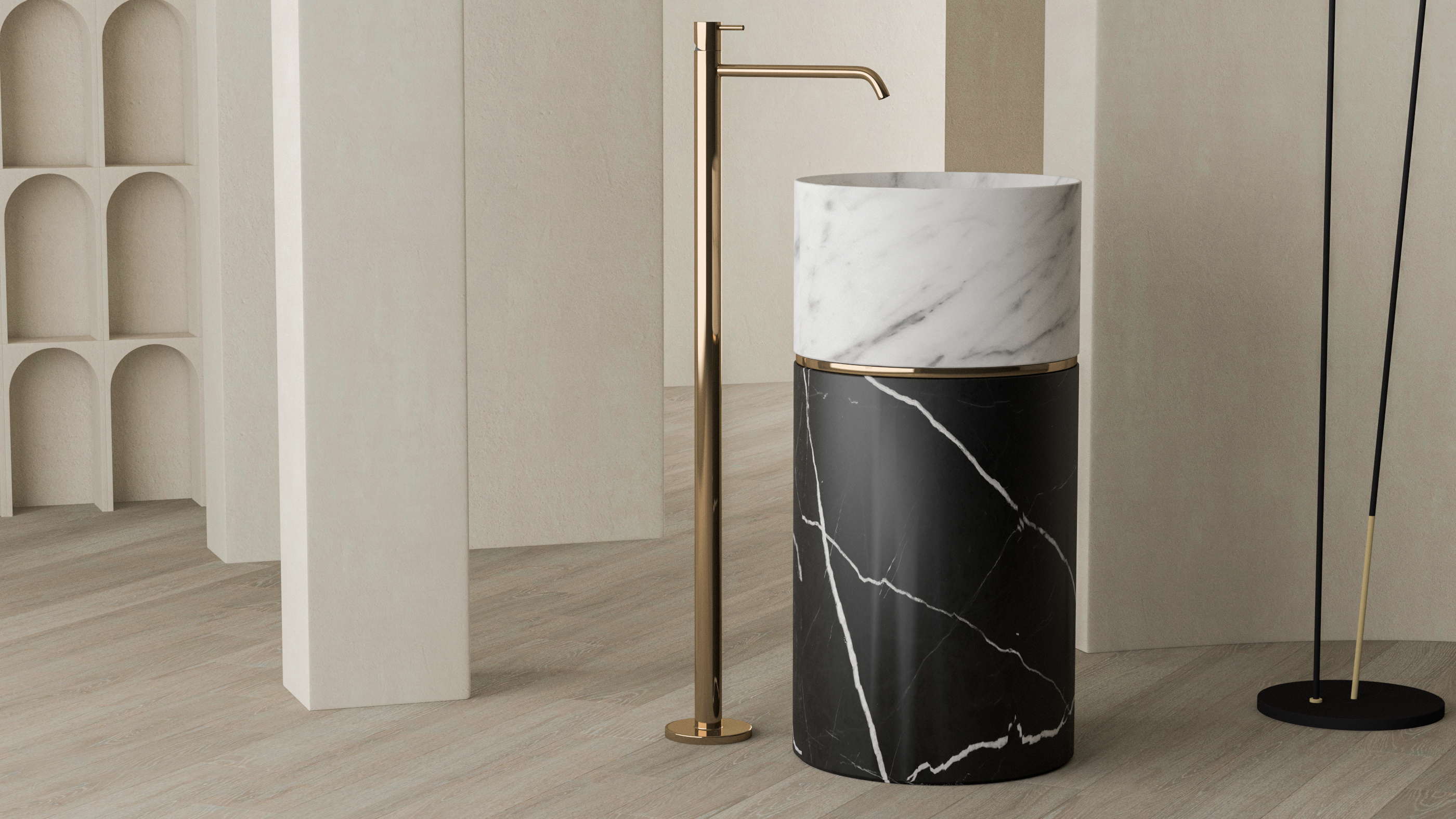 Timeless Elegance: 90 cm Freestanding Funnel Carrara White Marble Sink & Nero Black Marble