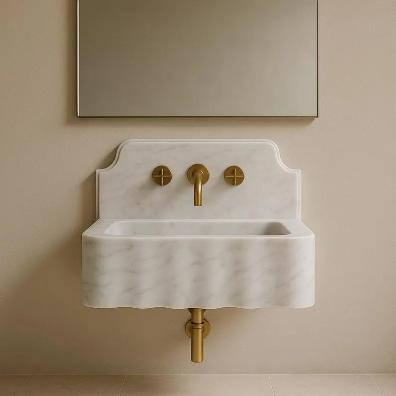 Carrara White Marble Sink with Backsplash Marble Bathroom Sink Wall Mounted Marble Sink Marble Vanity Top White Marble Sink