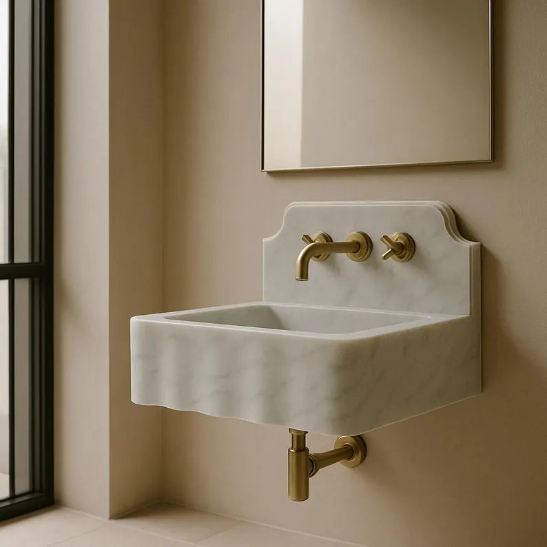 Carrara White Marble Sink with Backsplash Marble Bathroom Sink Wall Mounted Marble Sink Marble Vanity Top White Marble Sink