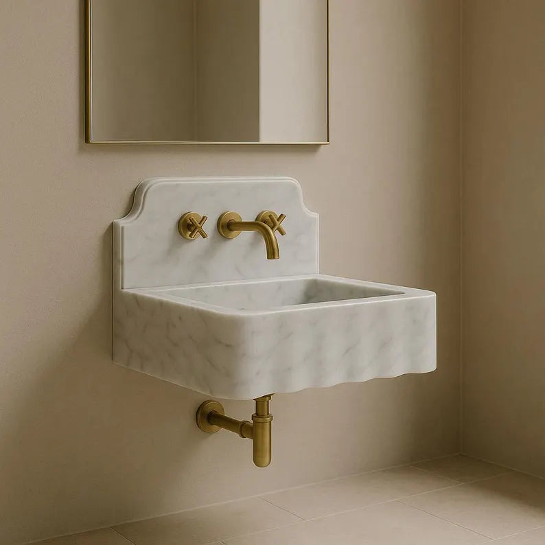 Carrara White Marble Sink with Backsplash Marble Bathroom Sink Wall Mounted Marble Sink Marble Vanity Top White Marble Sink