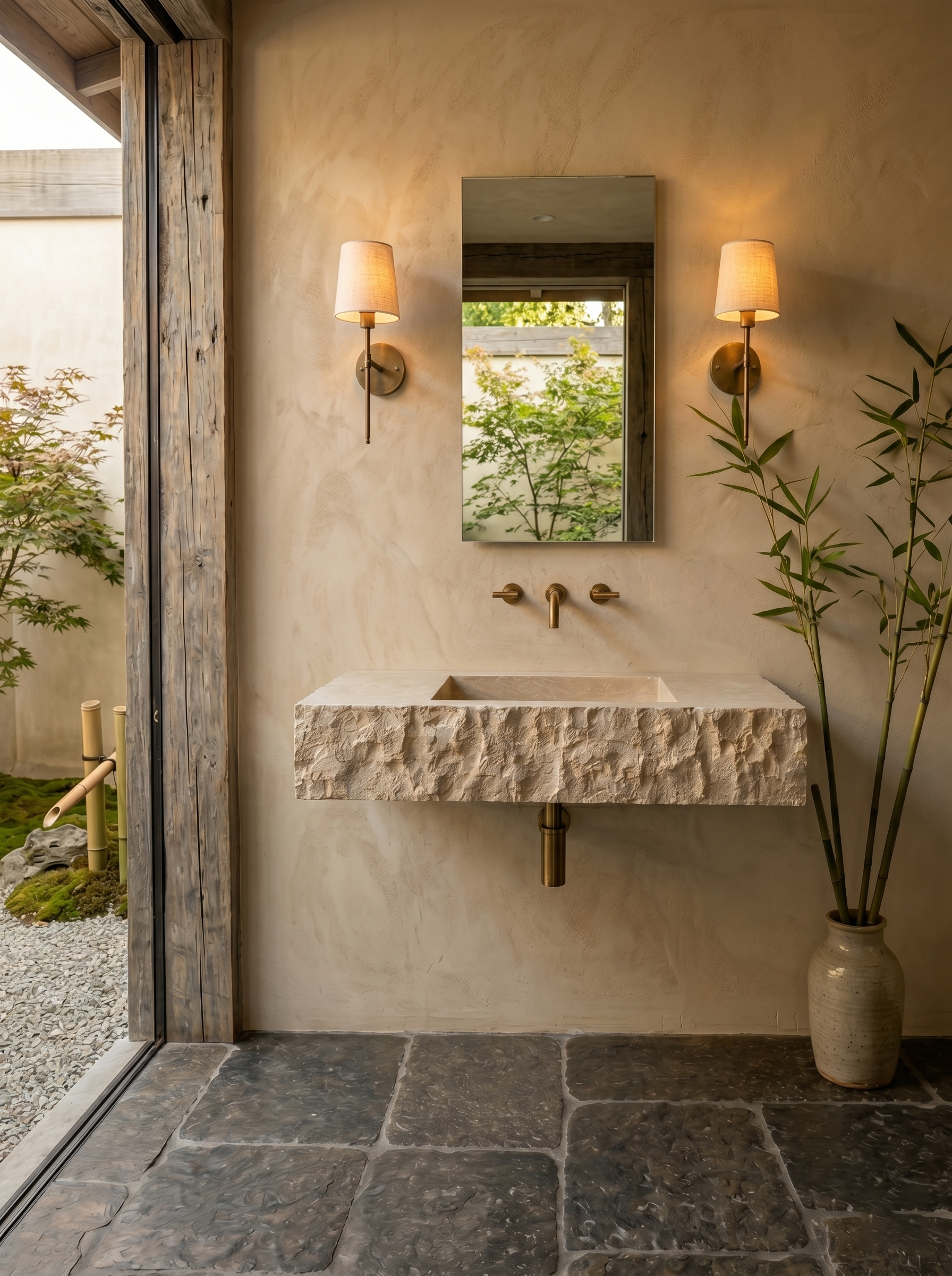 Natural Travertine Wall Mounted Sink – 30" x 16" x 8" Hand-Chiseled Stone Wash Basin