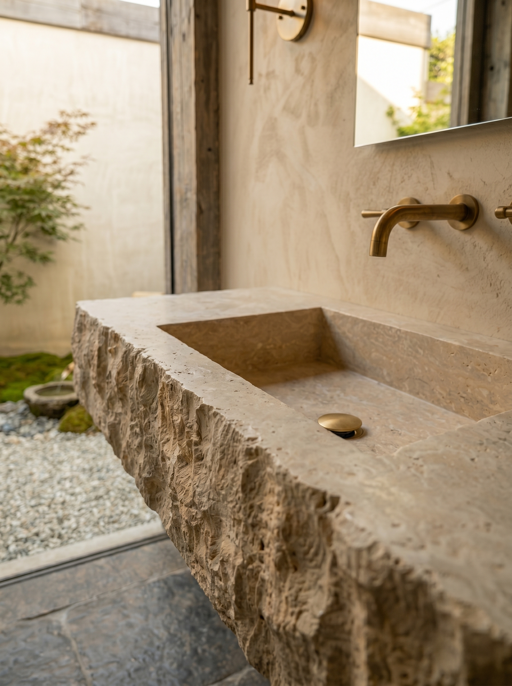 Natural Travertine Wall Mounted Sink – 30" x 16" x 8" Hand-Chiseled Stone Wash Basin